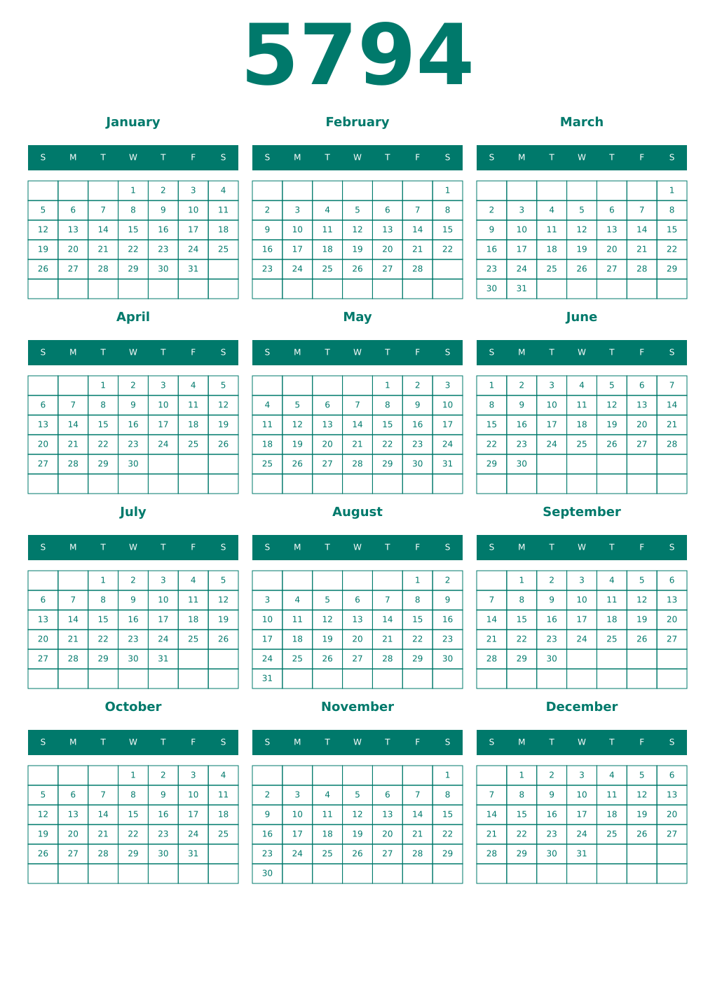 Printable 5794 Year Calendars pastel