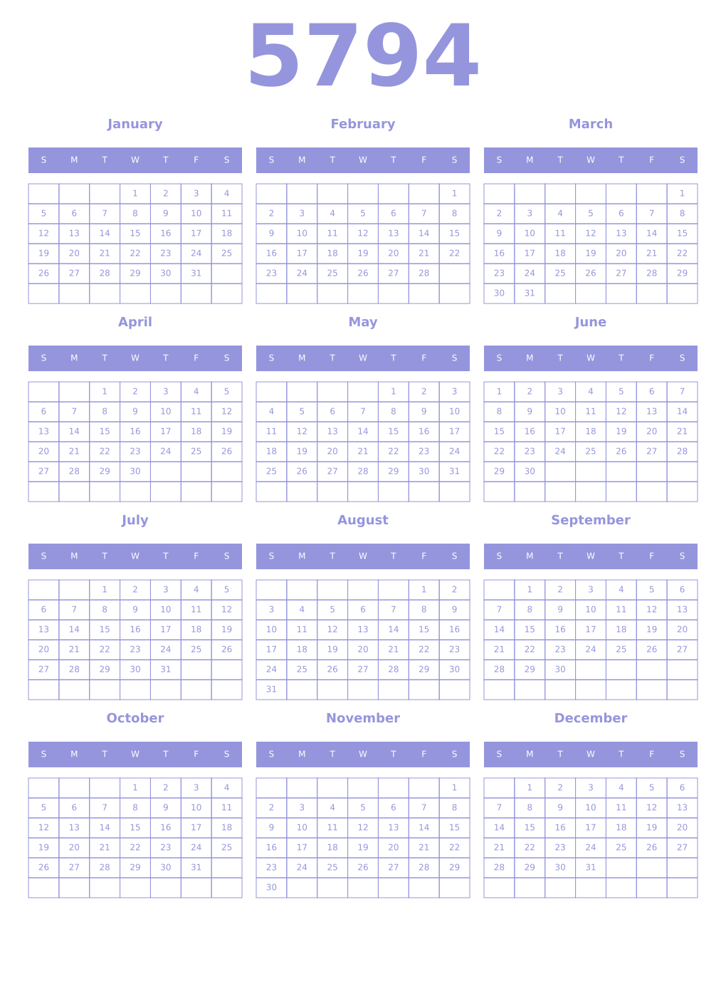 Printable 5794 Year Calendars periwinkle
