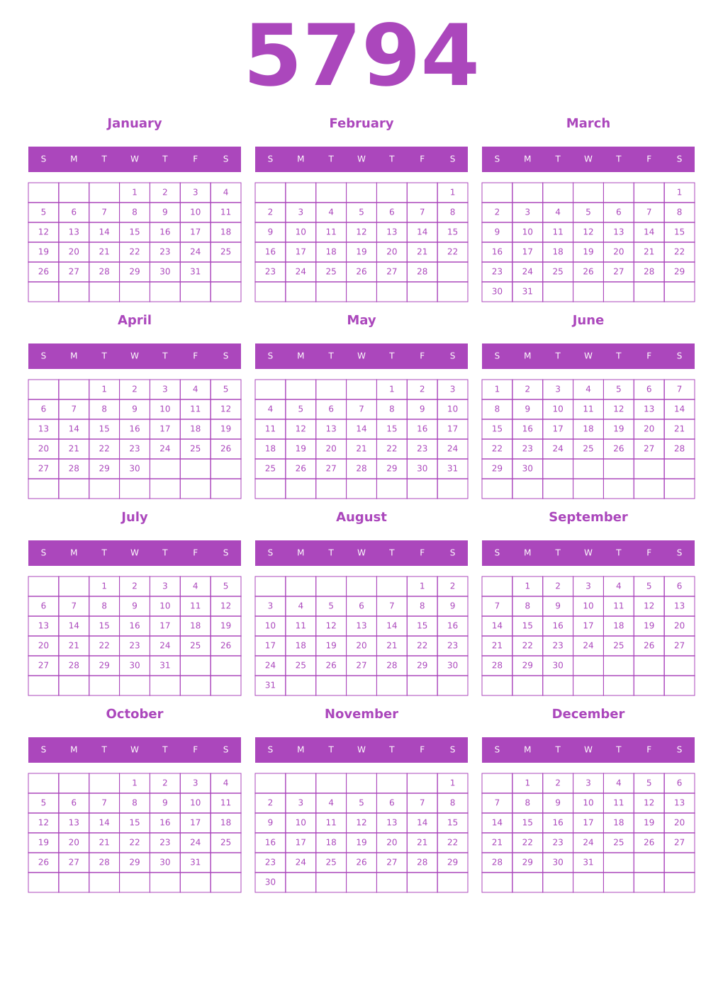 Printable 5794 Year Calendars purple