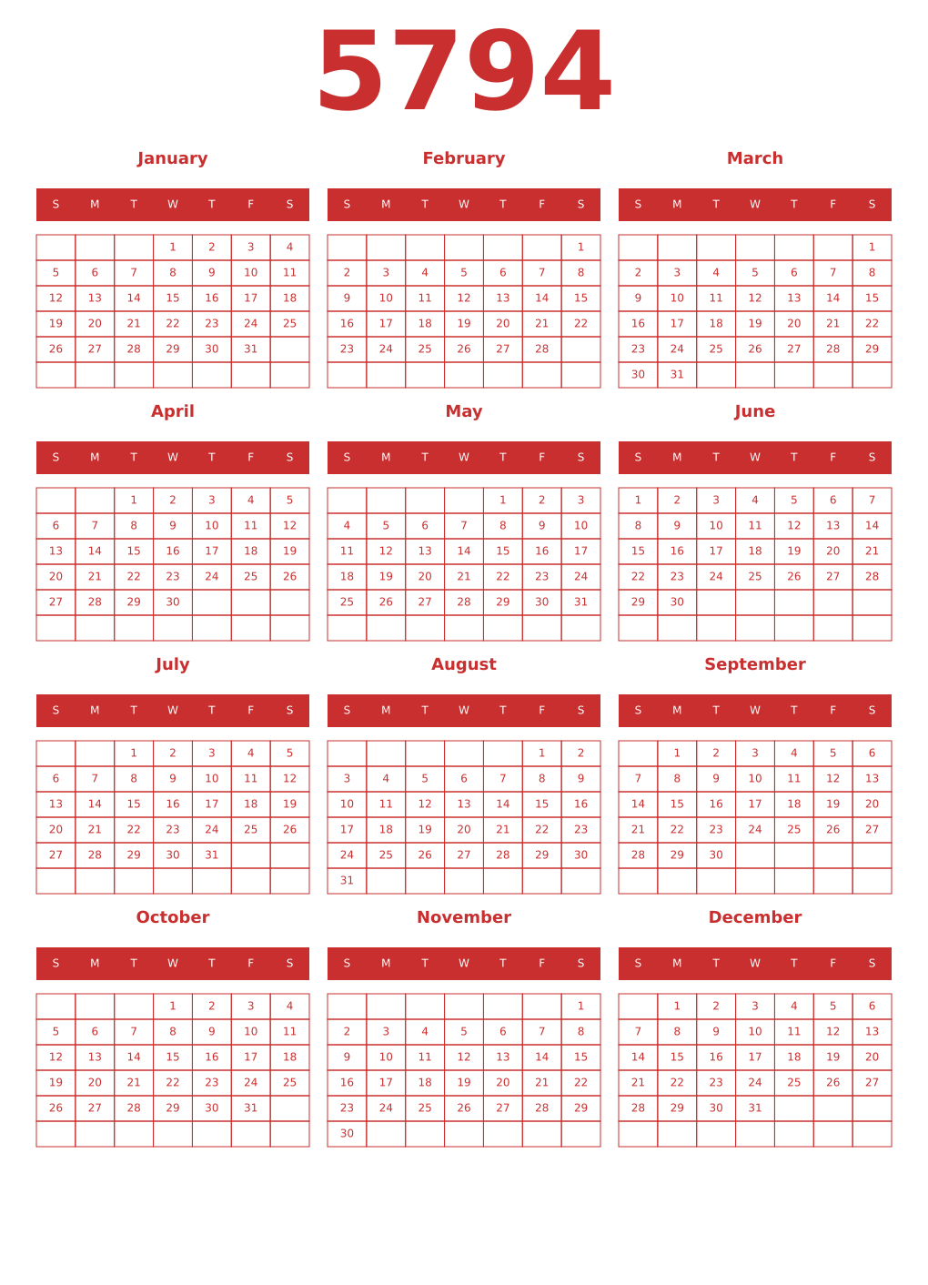 Printable 5794 Year Calendars red