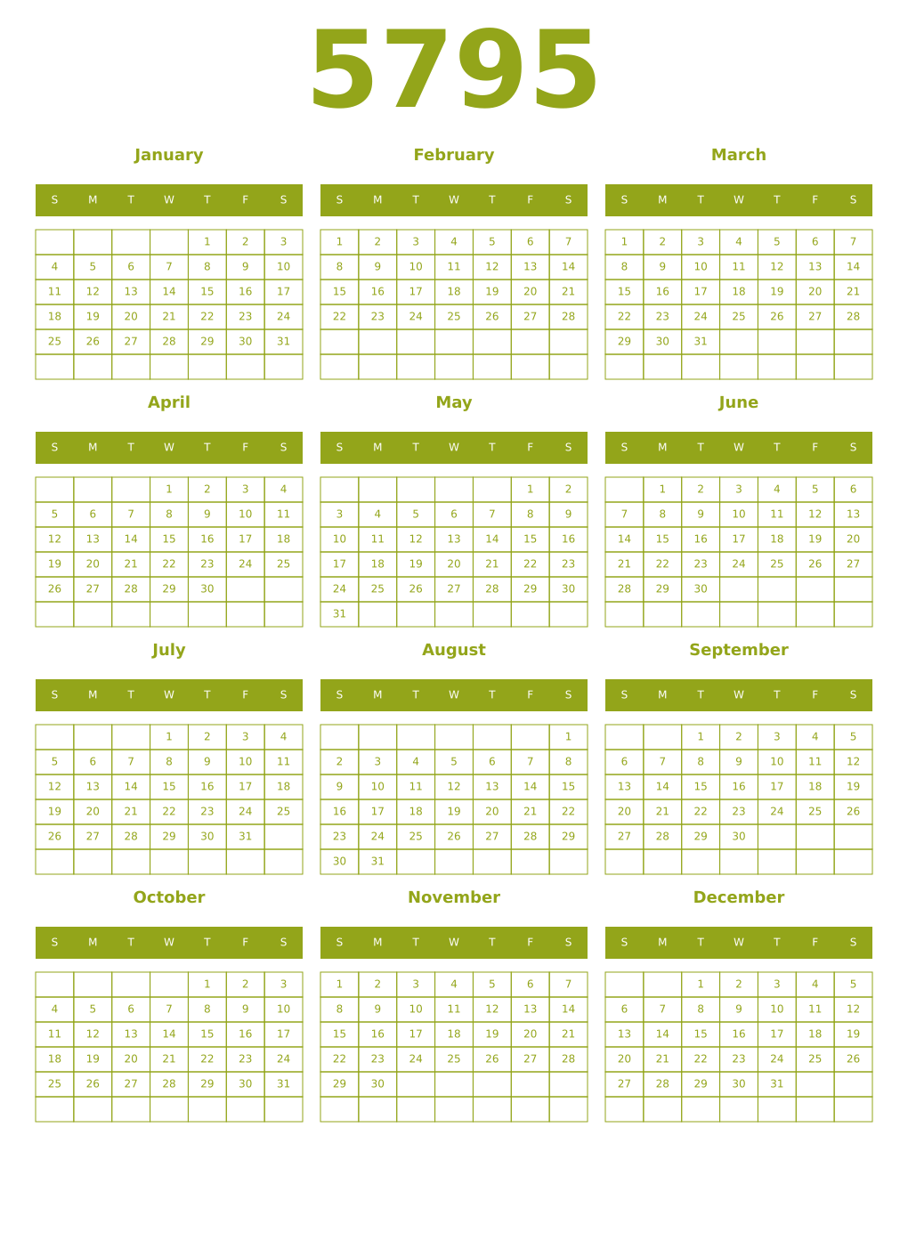 Printable 5795 Year Calendars chartreuse