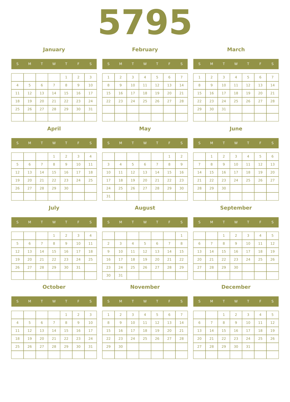 Printable 5795 Year Calendars eburnean