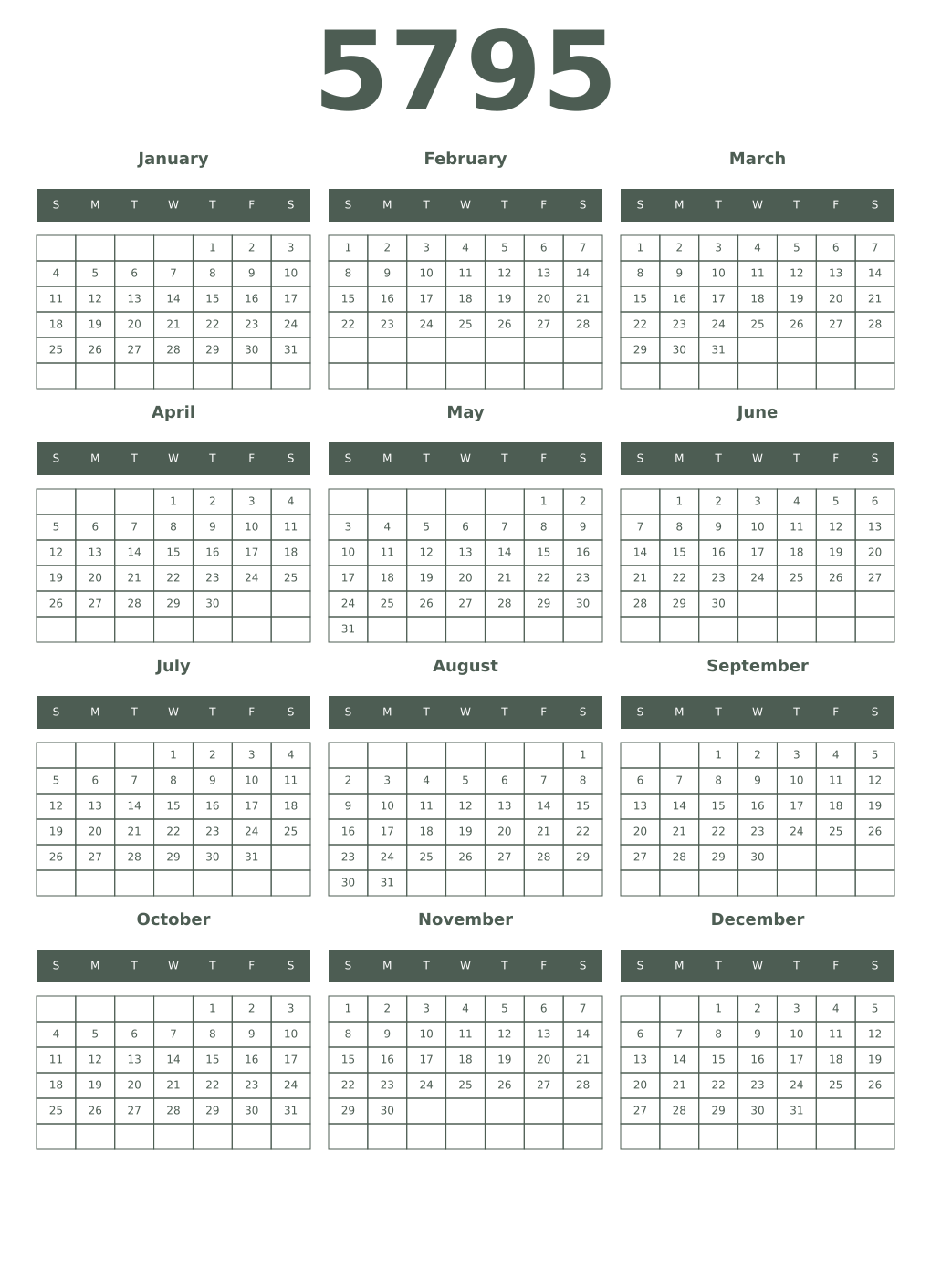 Printable 5795 Year Calendars feldgrau