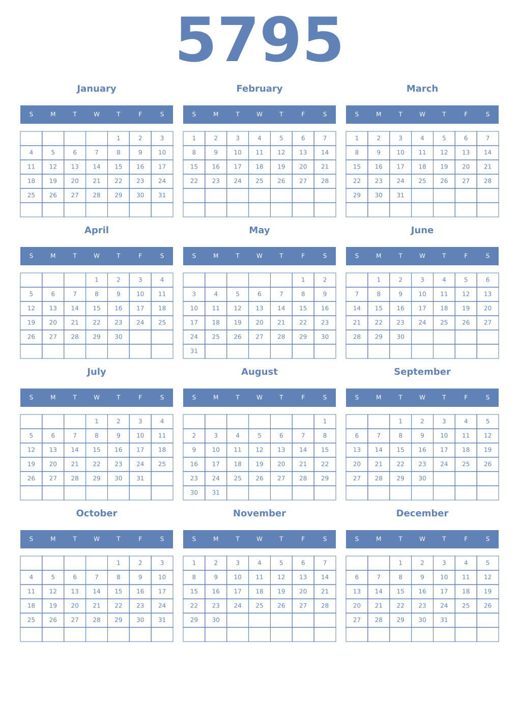Printable 5795 Year Calendars glaucous