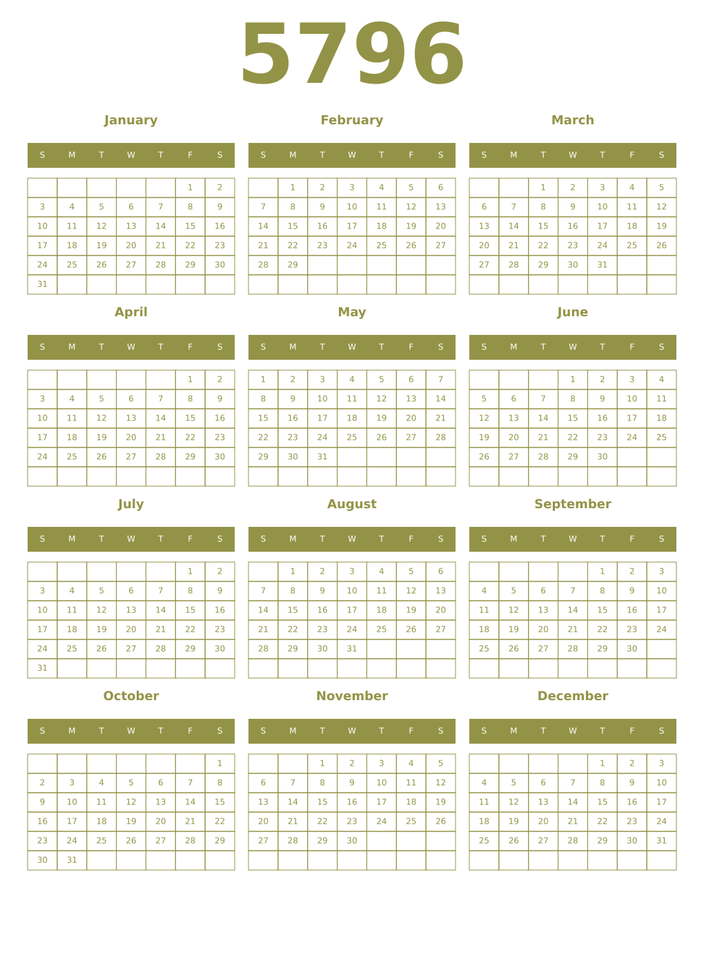 Printable 5796 Year Calendars eburnean