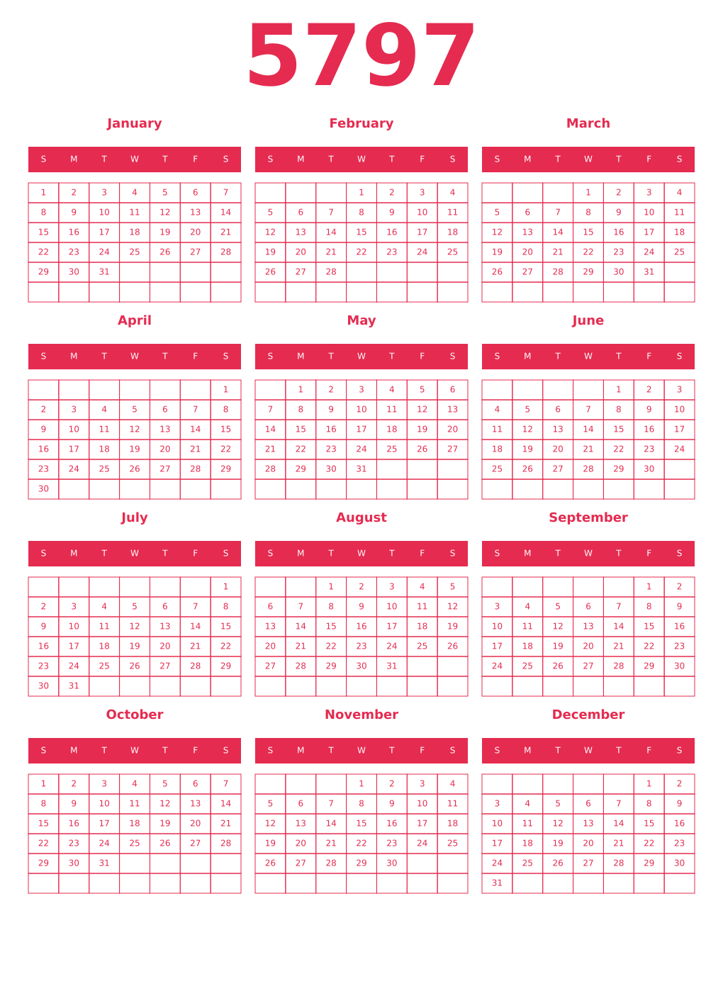 Printable 5797 Year Calendars amaranth