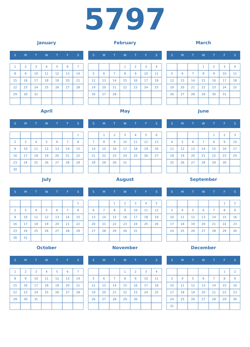 Printable 5797 Year Calendars blue
