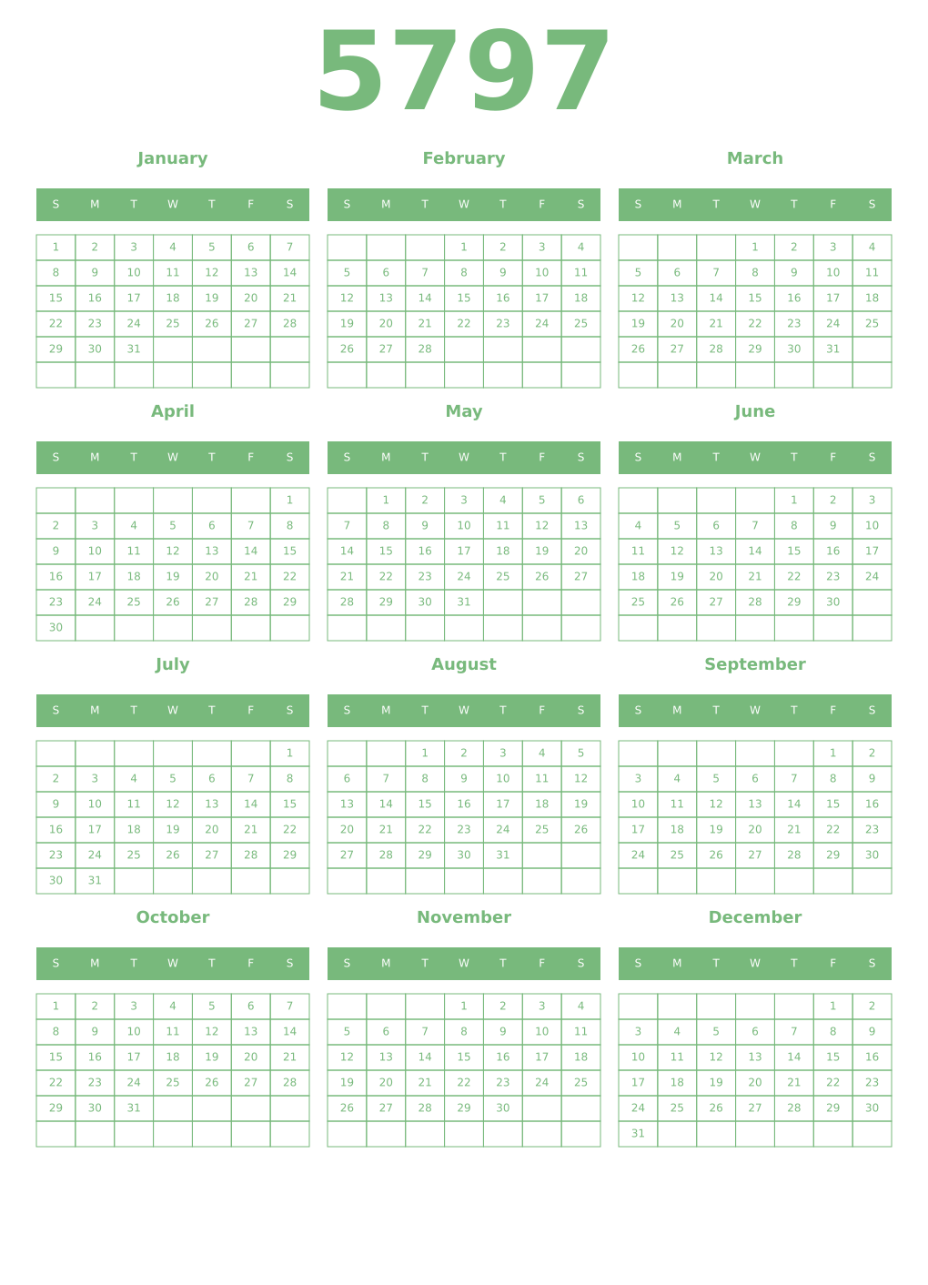 Printable 5797 Year Calendars celadon