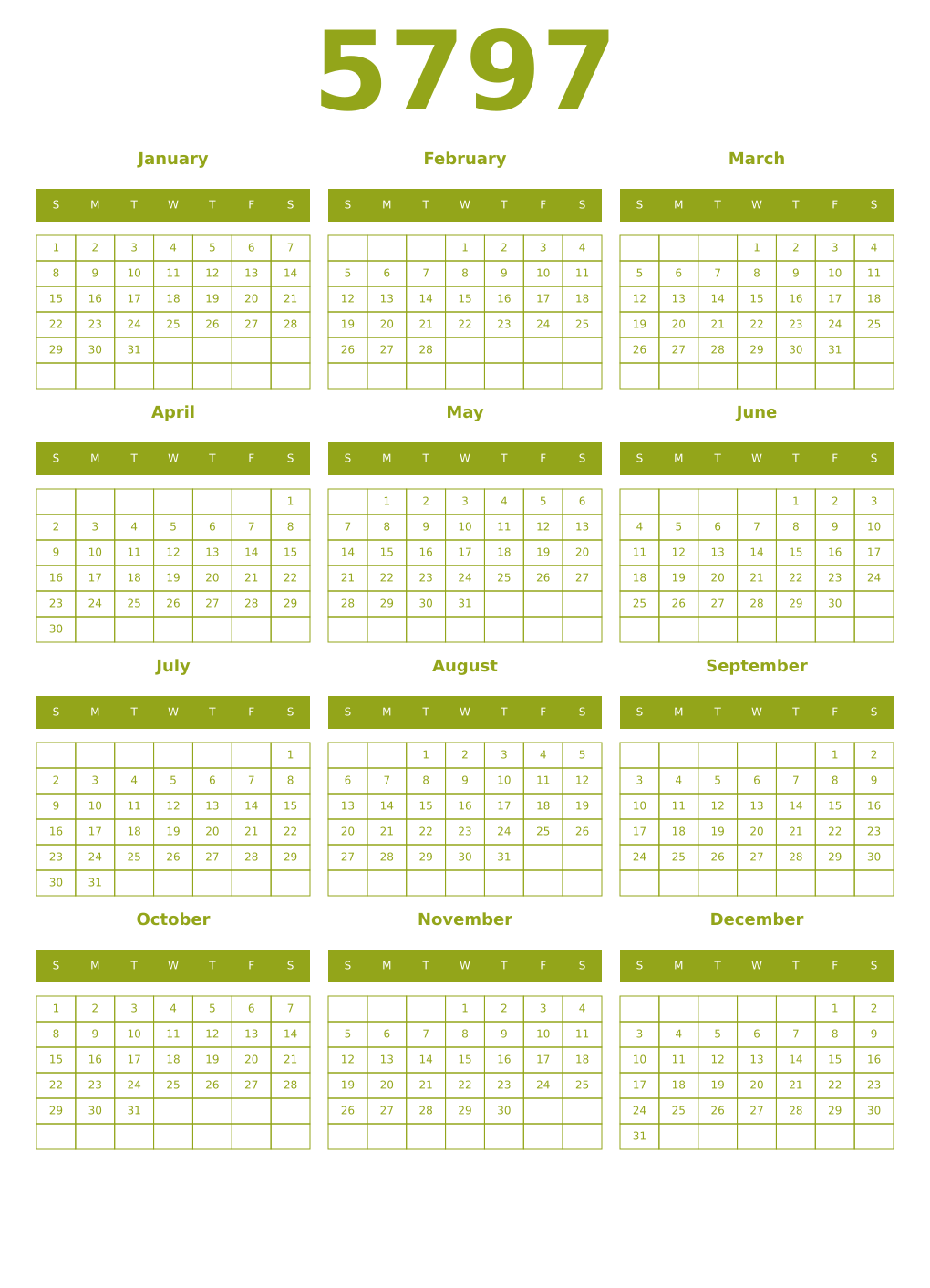 Printable 5797 Year Calendars chartreuse