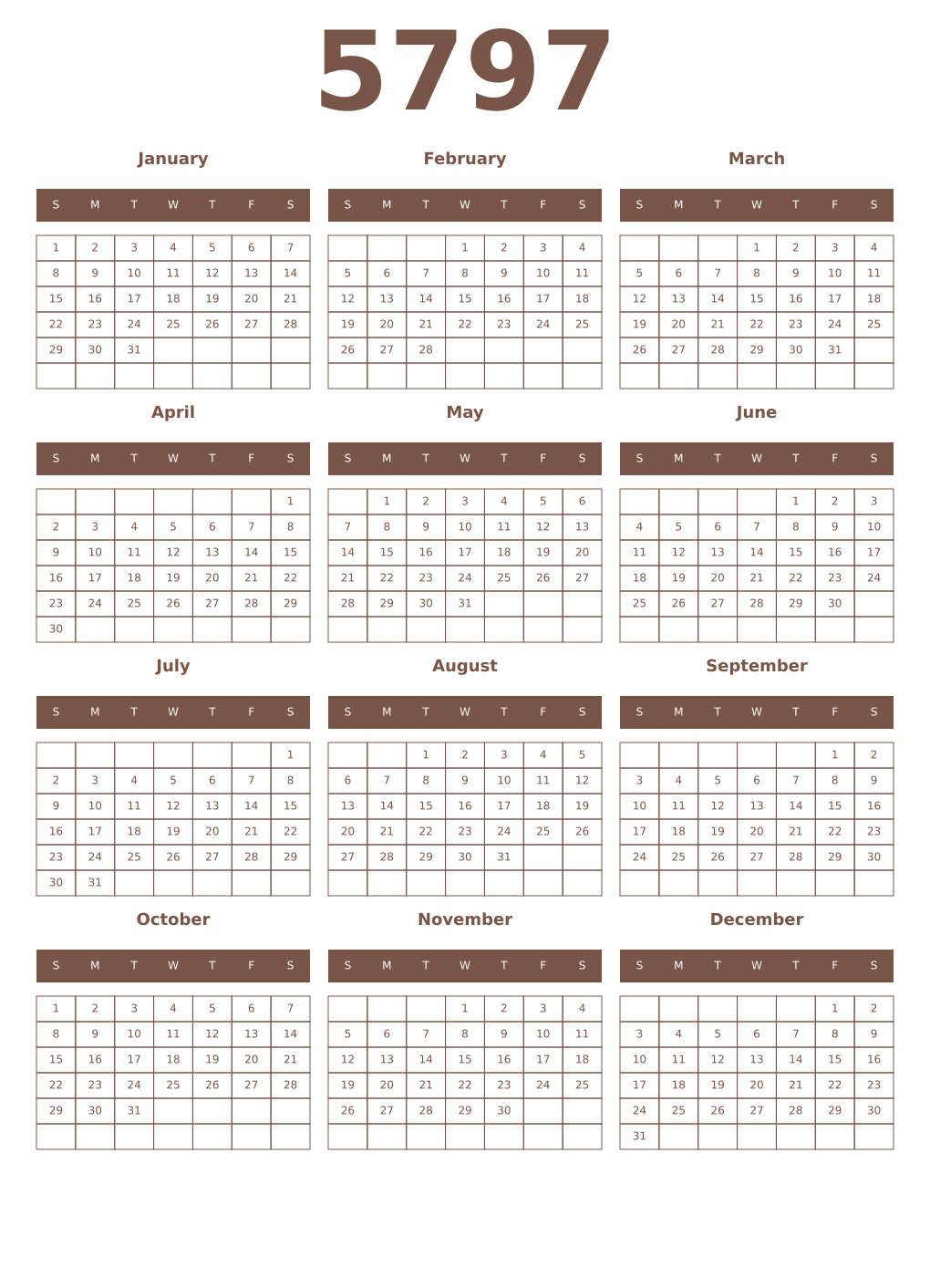 Printable 5797 Year Calendars coffe