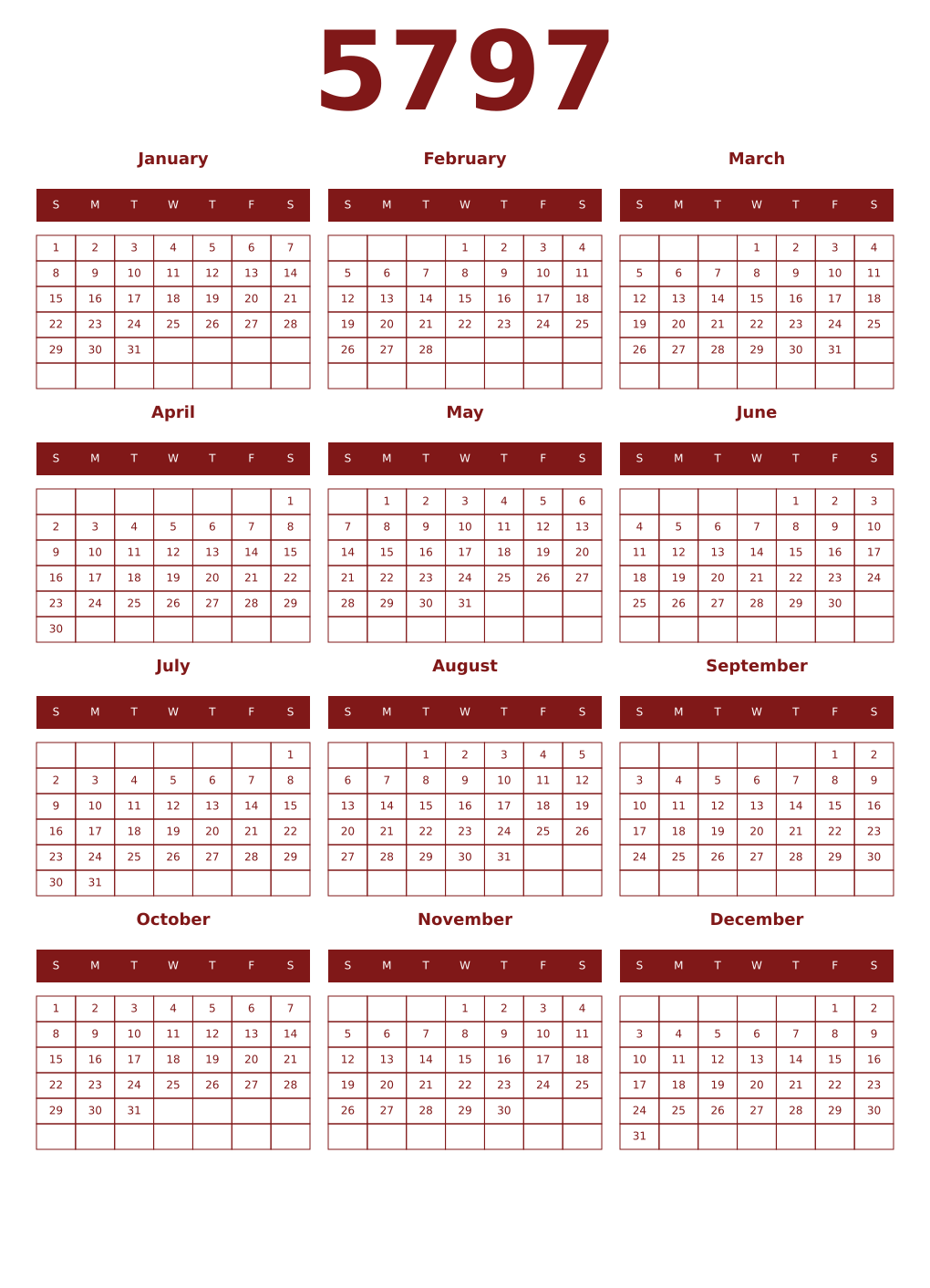 Printable 5797 Year Calendars falu