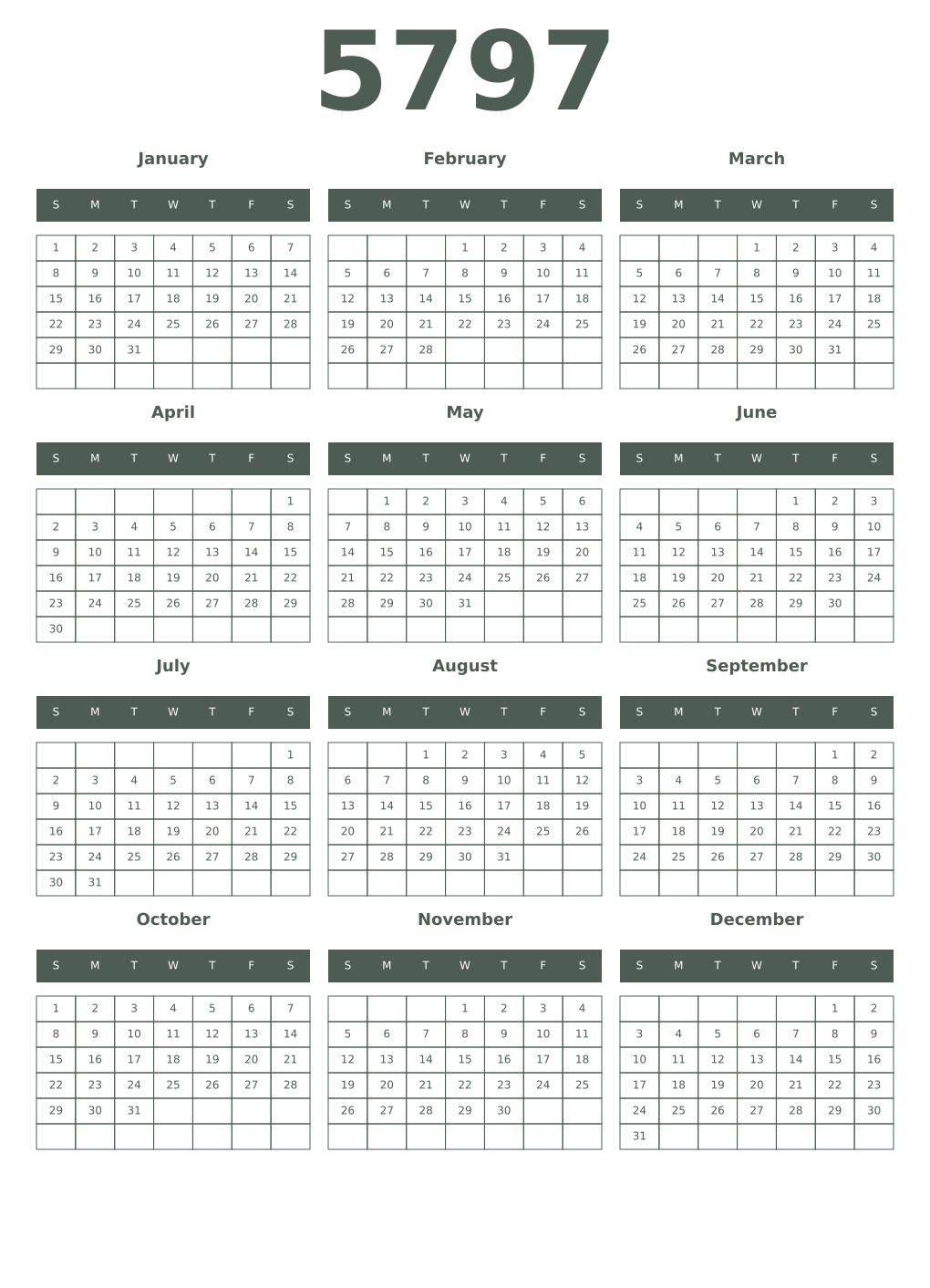 Printable 5797 Year Calendars feldgrau