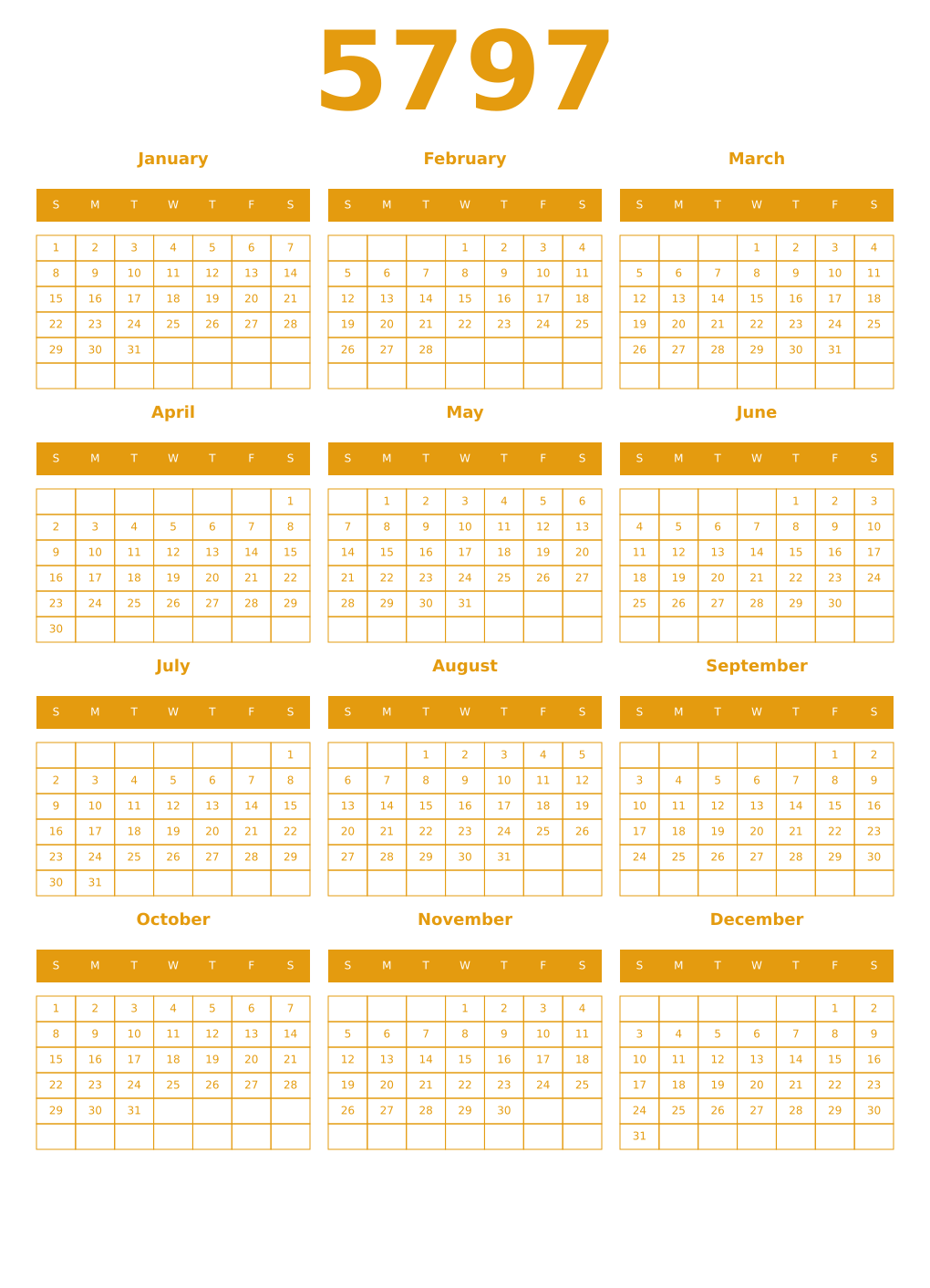 Printable 5797 Year Calendars gamboge