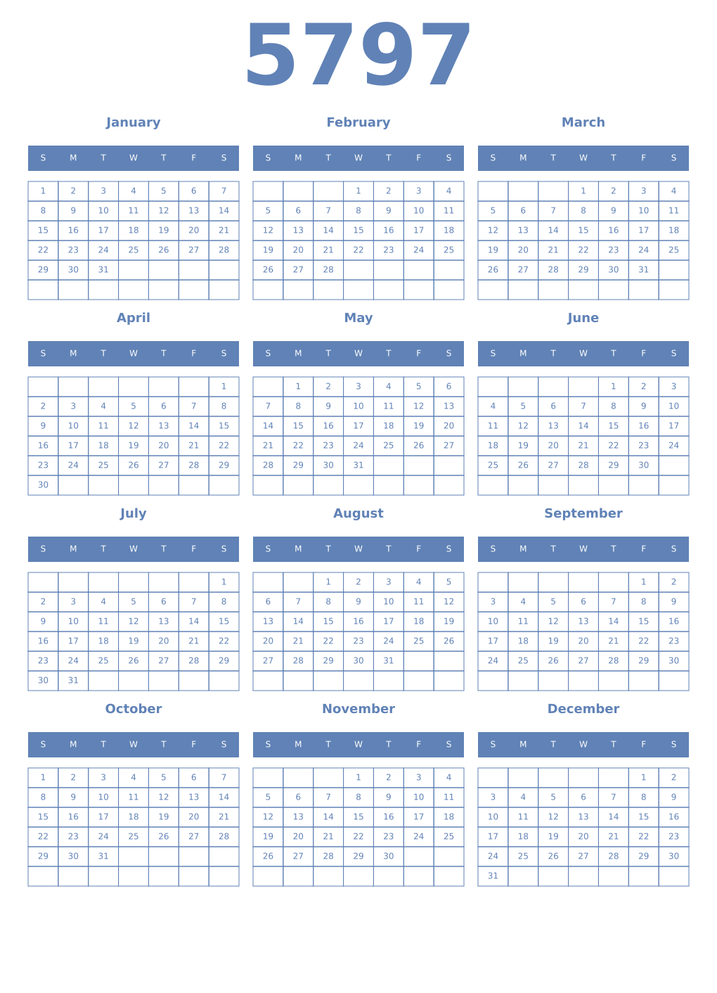 Printable 5797 Year Calendars glaucous