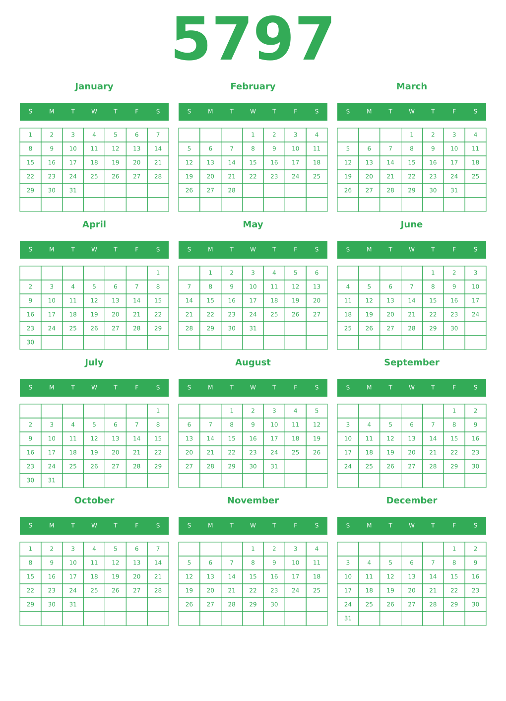 Printable 5797 Year Calendars green