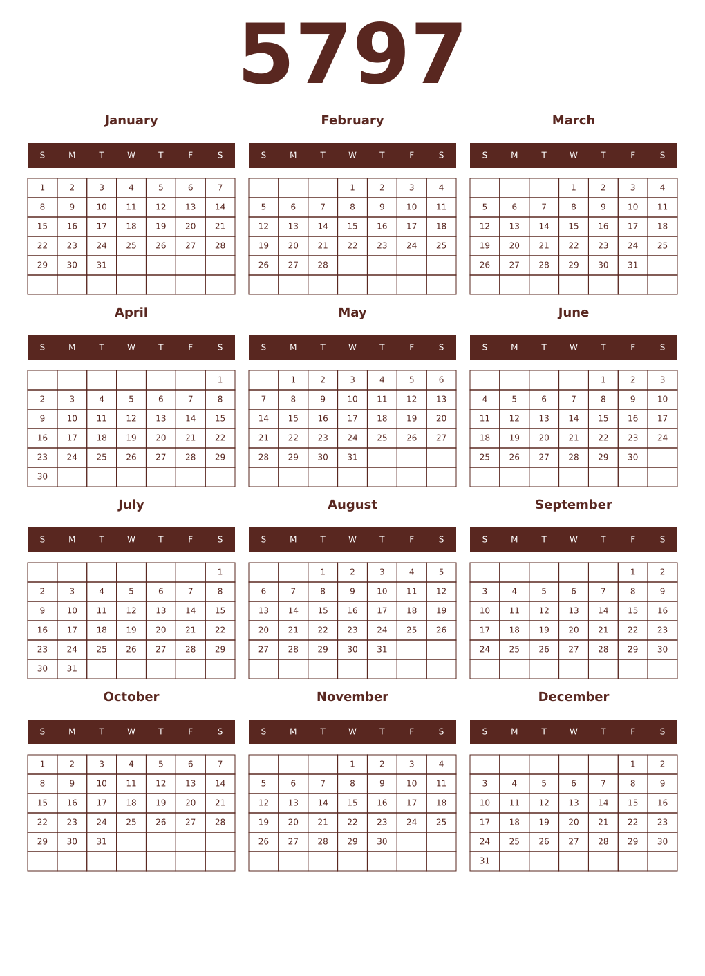 Printable 5797 Year Calendars mortuum