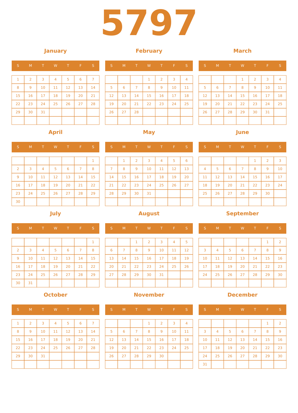 Printable 5797 Year Calendars orange