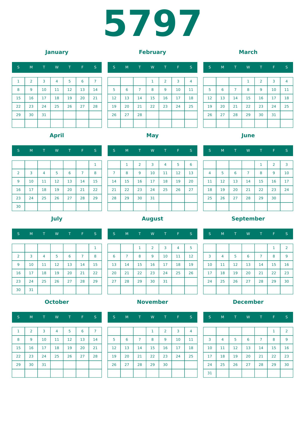 Printable 5797 Year Calendars pastel