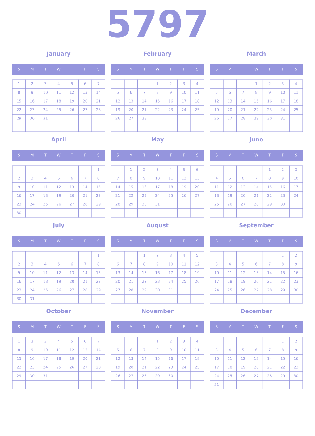 Printable 5797 Year Calendars periwinkle