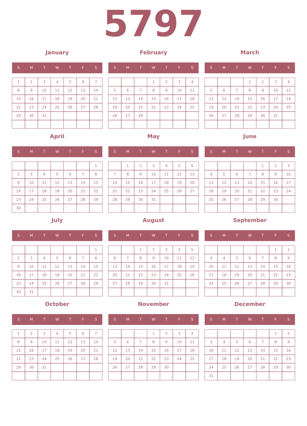 Printable 5797 Year Calendars puce