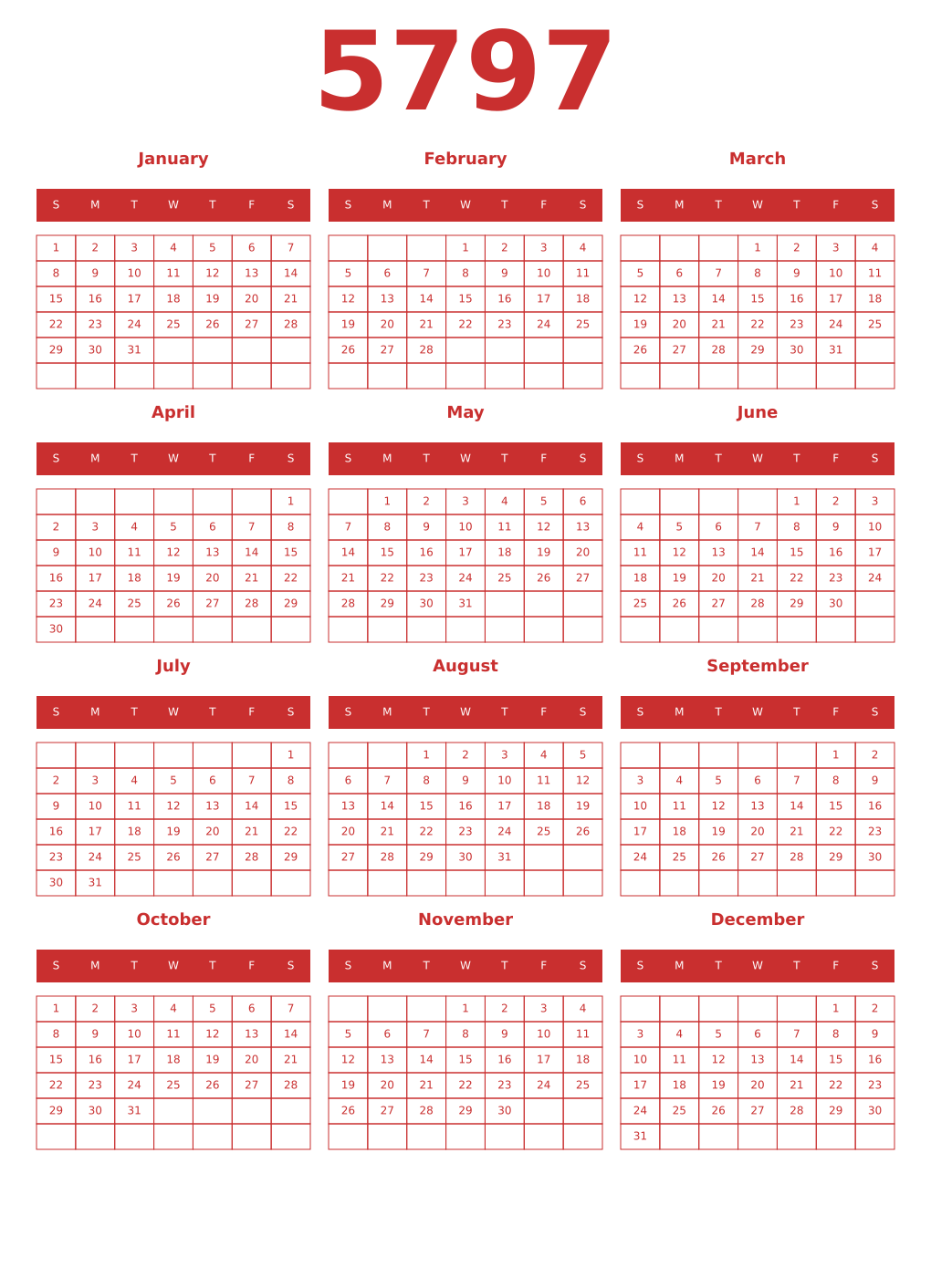 Printable 5797 Year Calendars red
