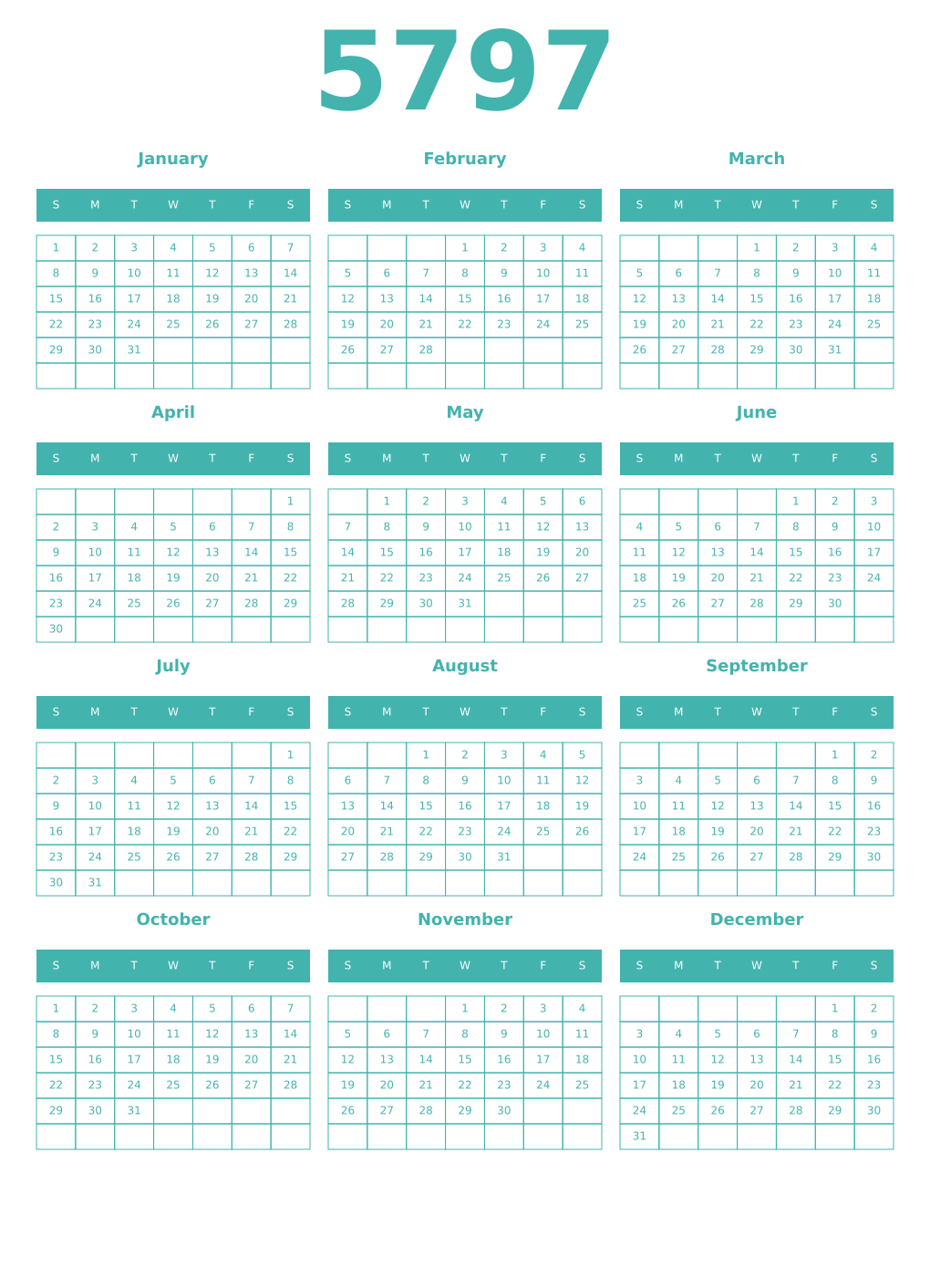 Printable 5797 Year Calendars verdigris