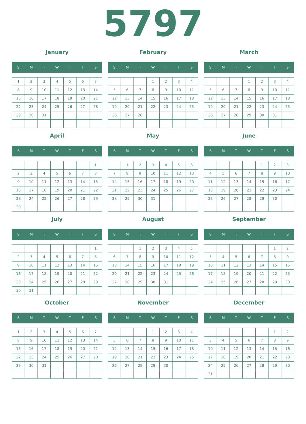 Printable 5797 Year Calendars viridian