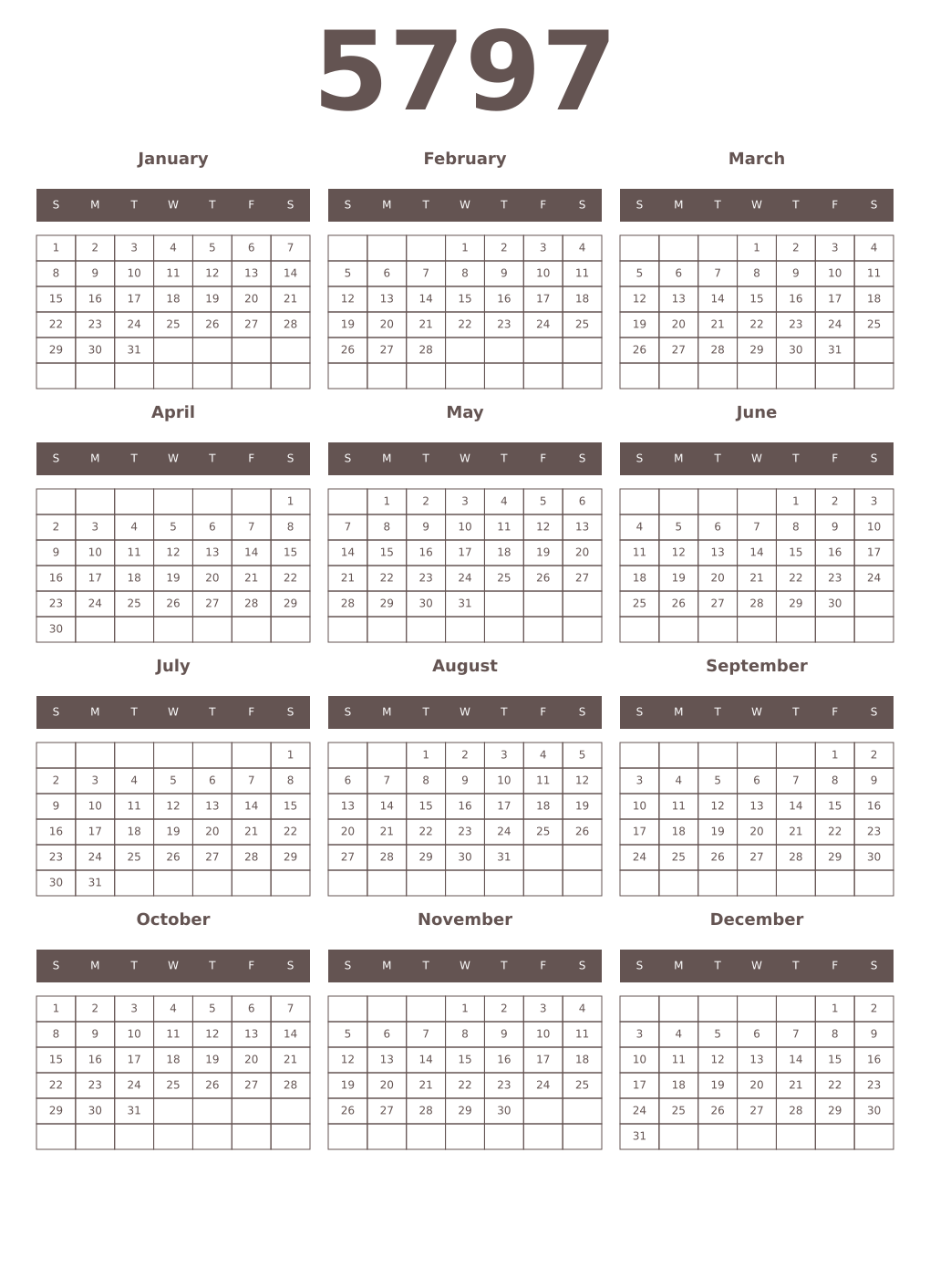 Printable 5797 Year Calendars wenge
