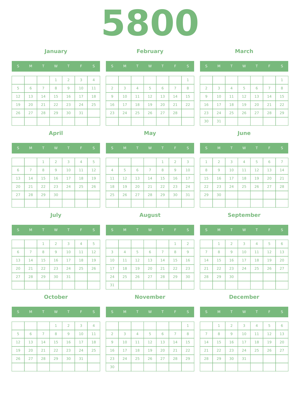 Printable 5800 Year Calendars celadon