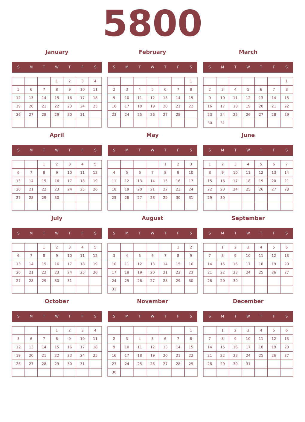 Printable 5800 Year Calendars cordovan