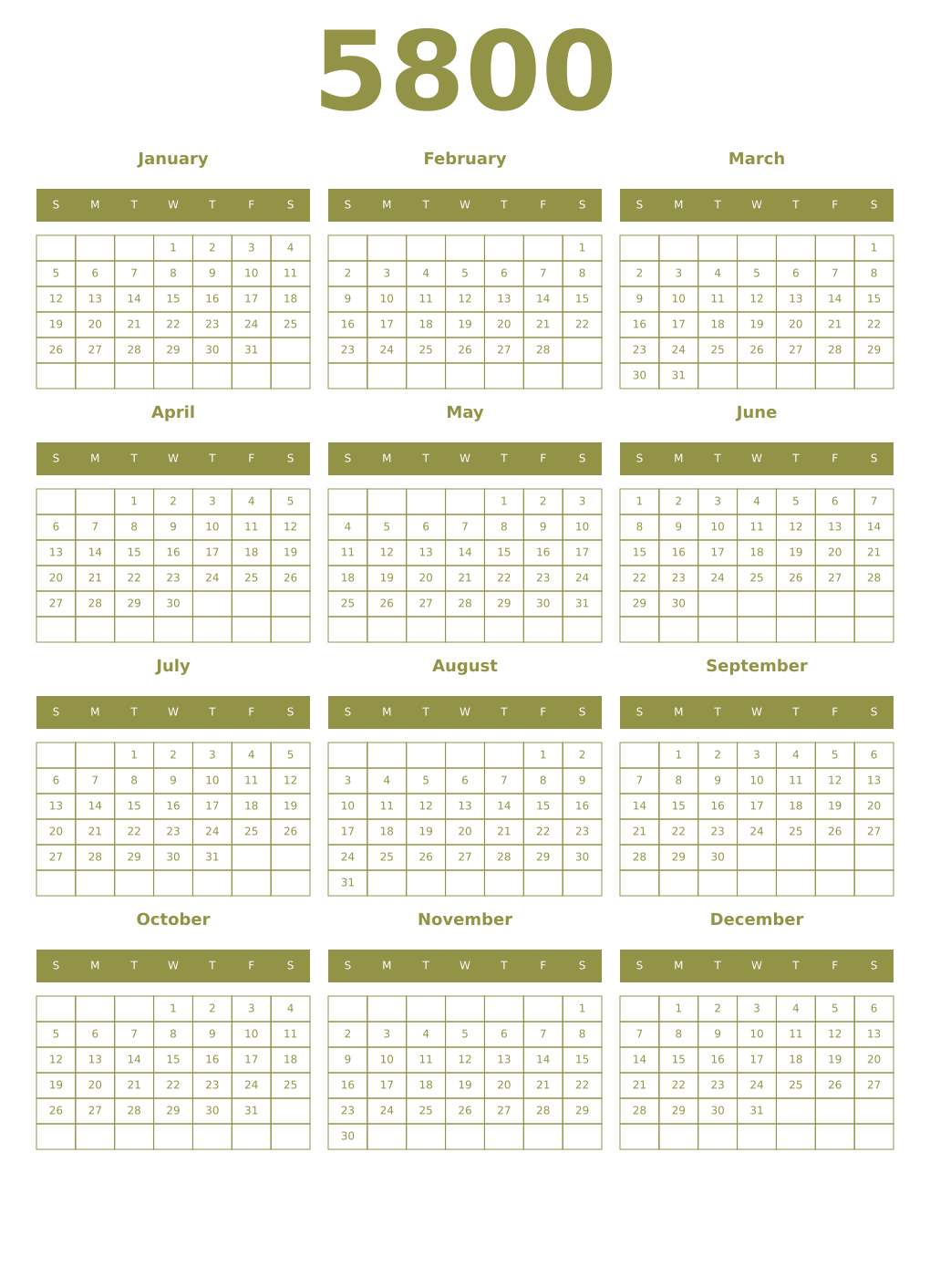 Printable 5800 Year Calendars eburnean