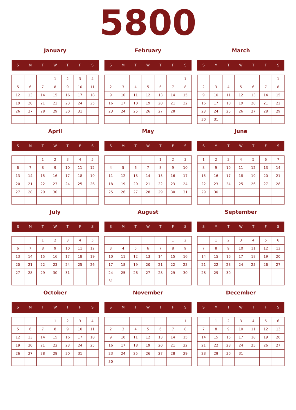 Printable 5800 Year Calendars falu