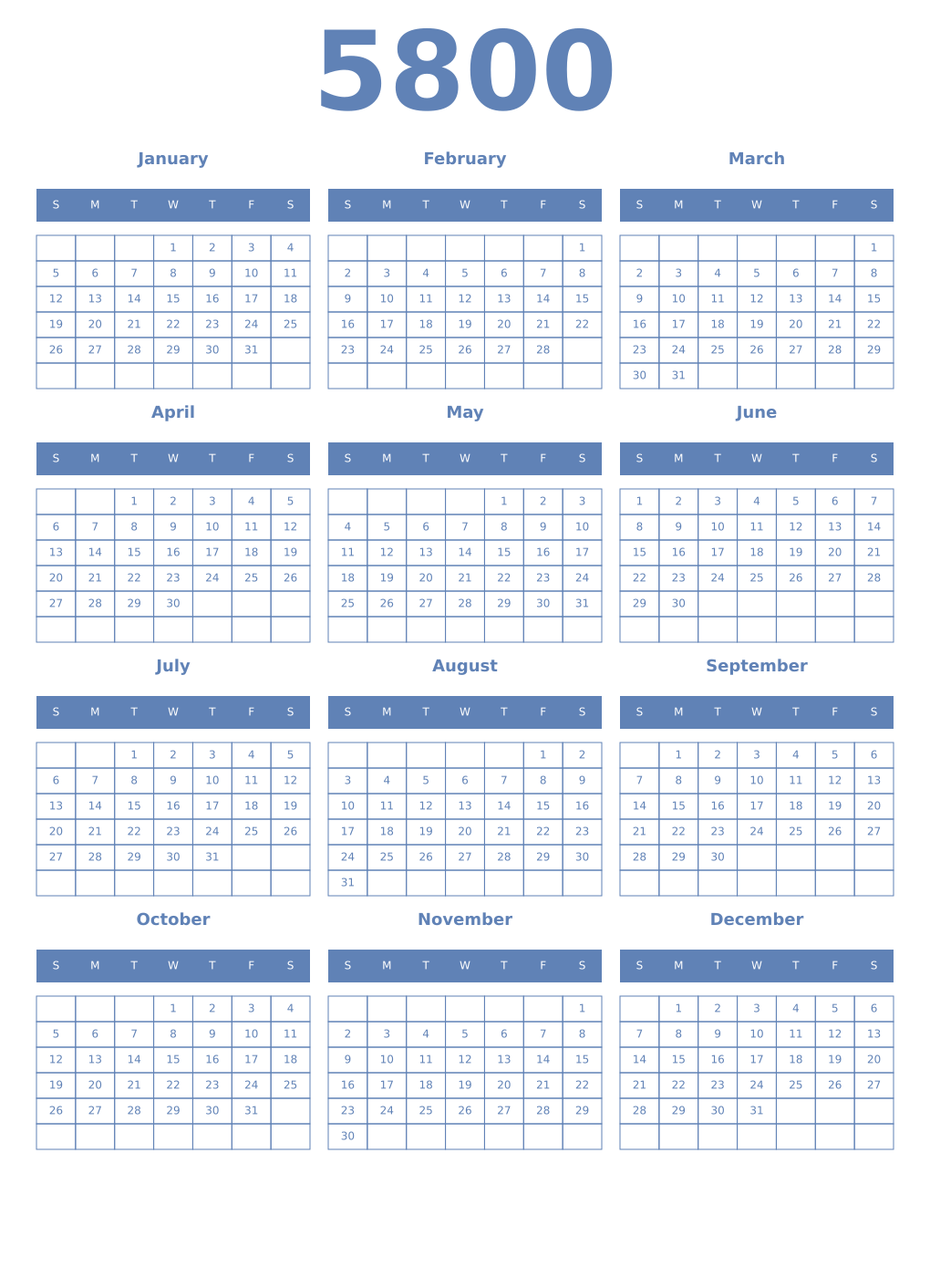 Printable 5800 Year Calendars glaucous