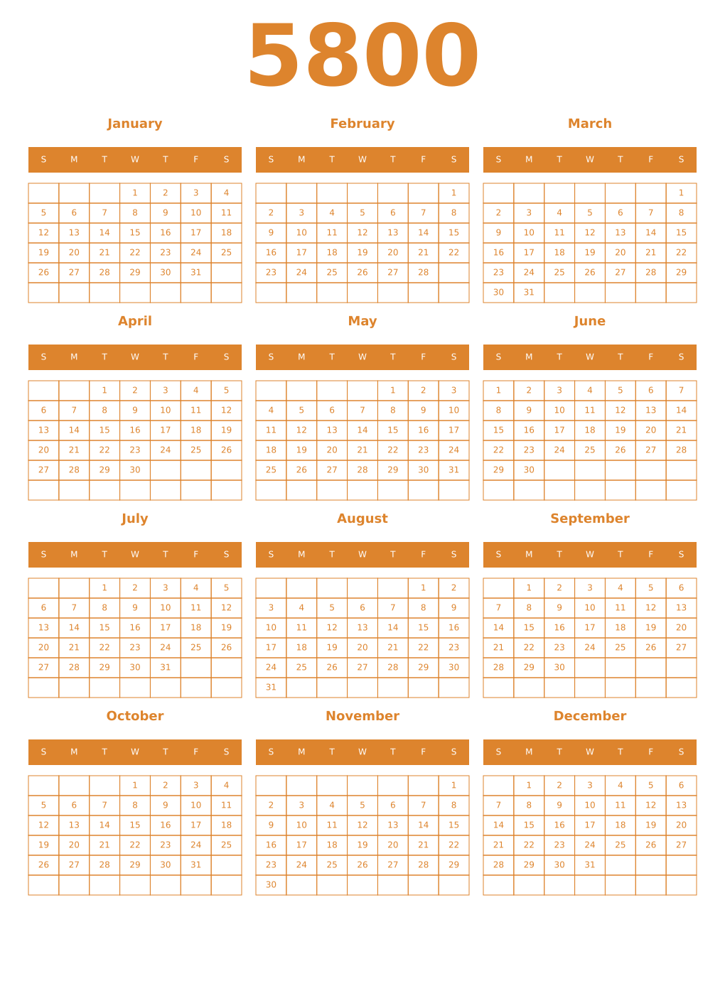 Printable 5800 Year Calendars orange
