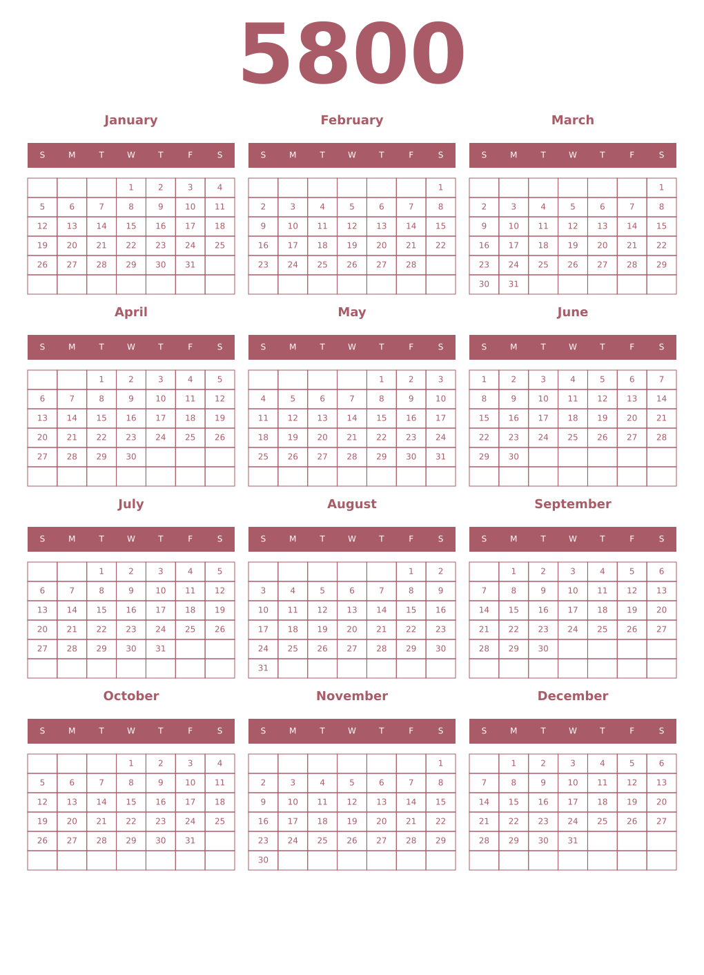 Printable 5800 Year Calendars puce
