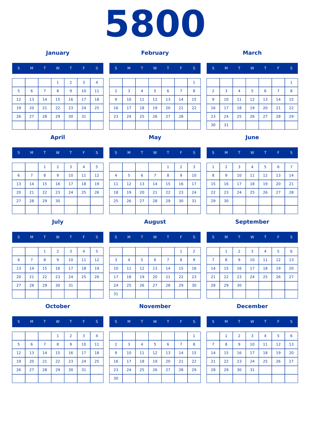 Printable 5800 Year Calendars smalt