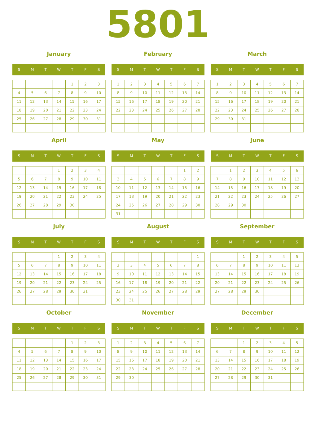 Printable 5801 Year Calendars chartreuse