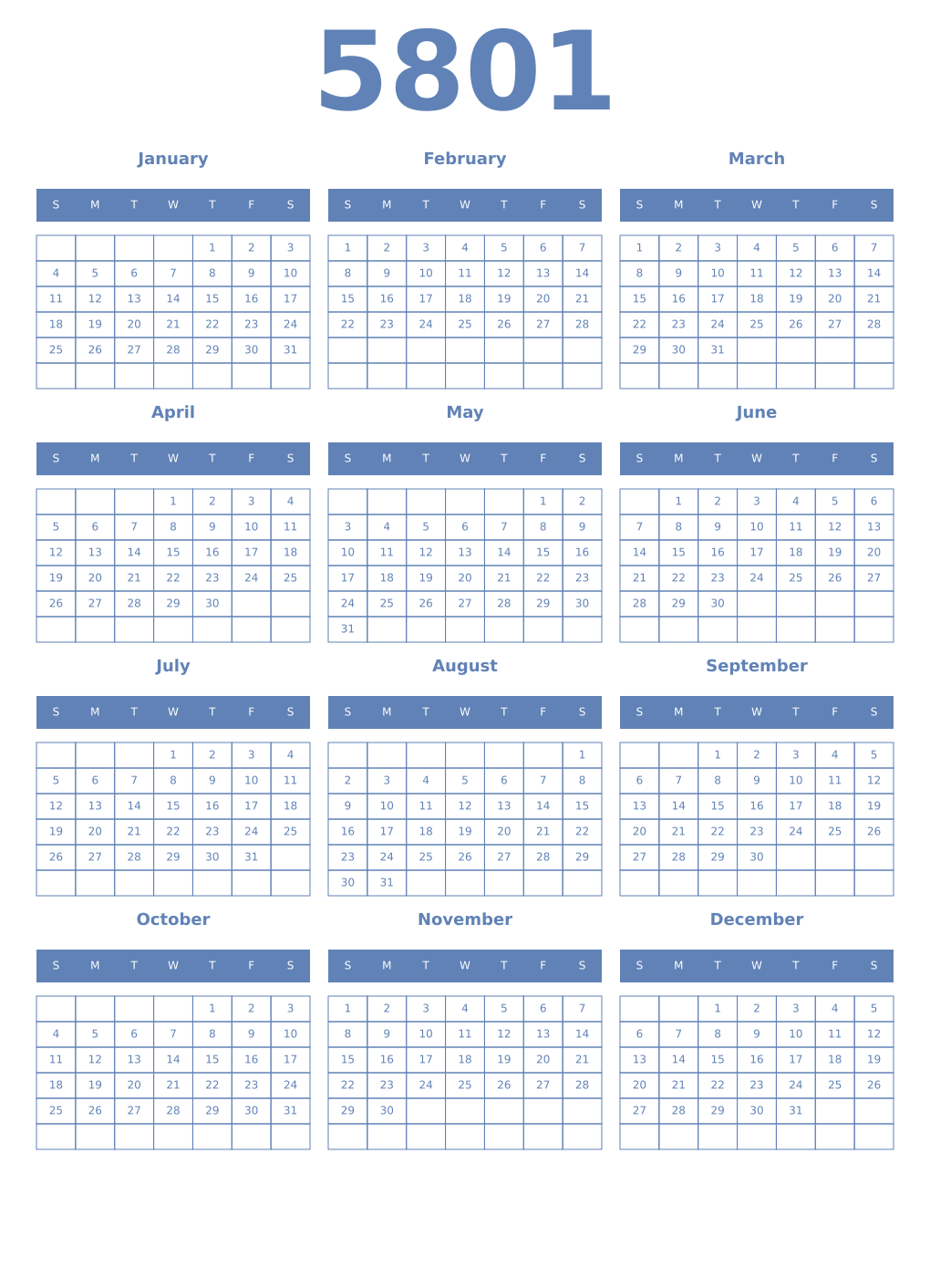 Printable 5801 Year Calendars glaucous