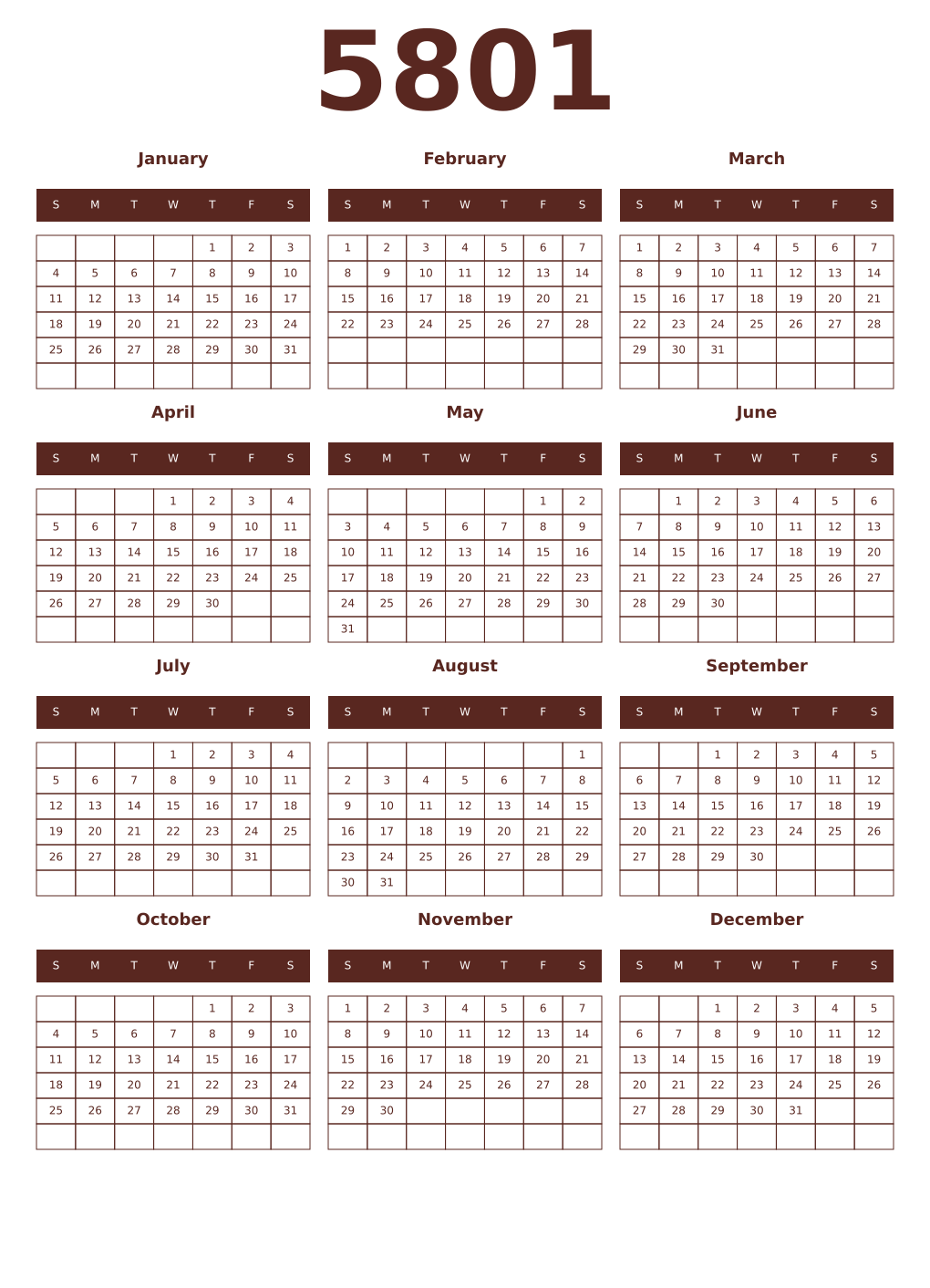 Printable 5801 Year Calendars mortuum