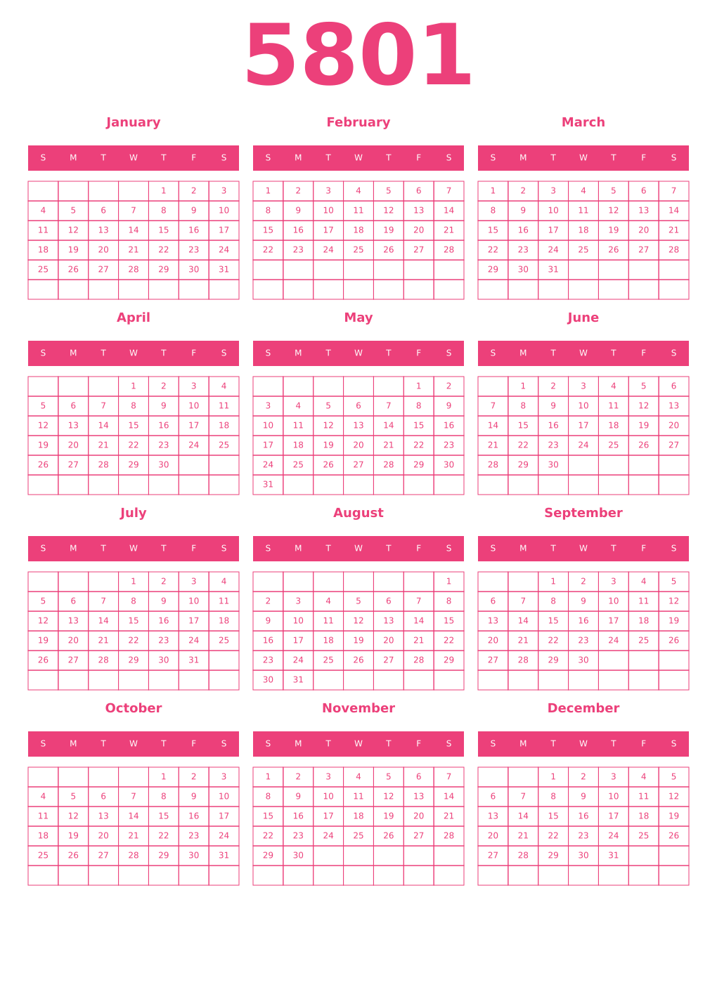 Printable 5801 Year Calendars pink