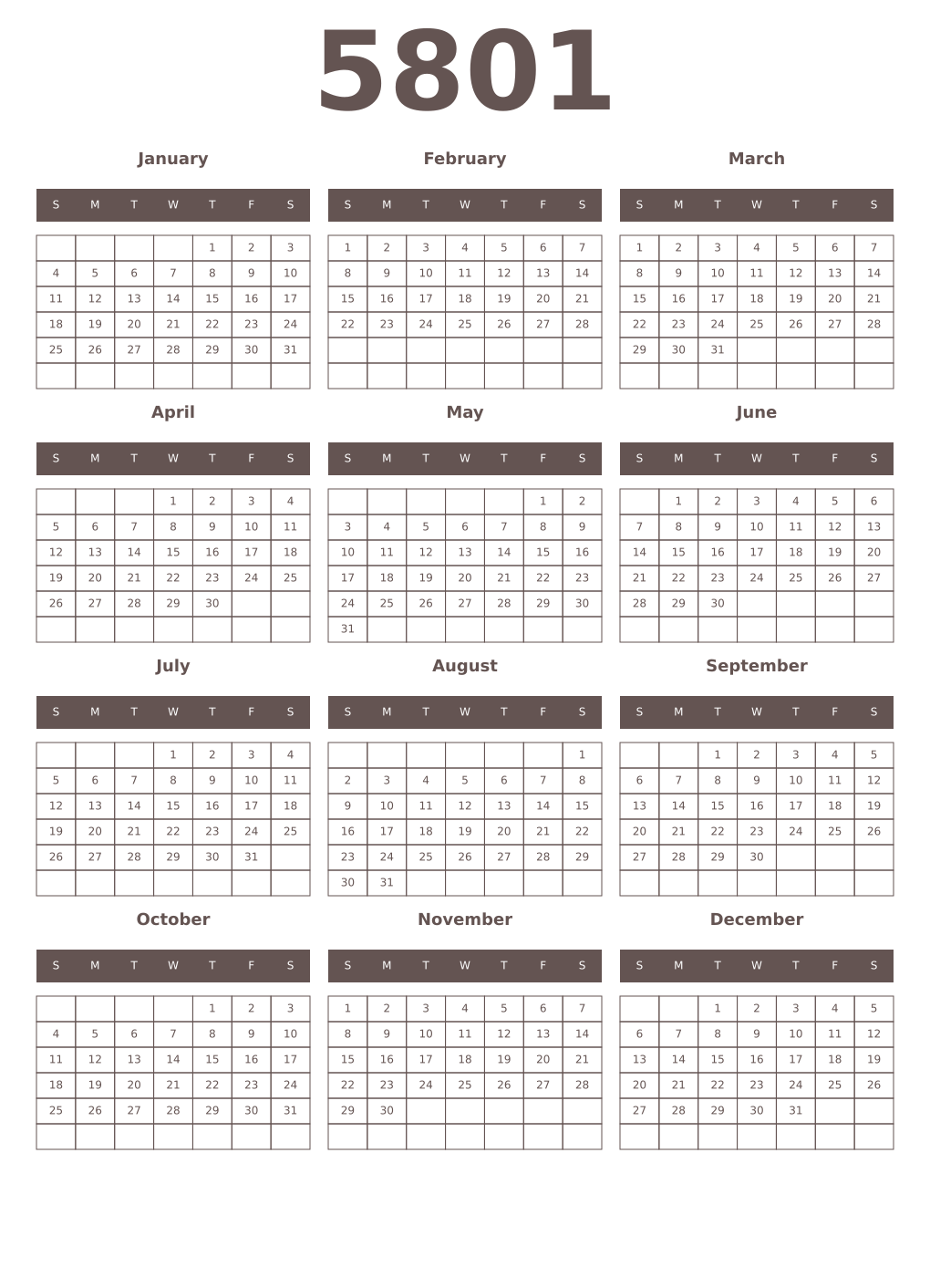 Printable 5801 Year Calendars wenge