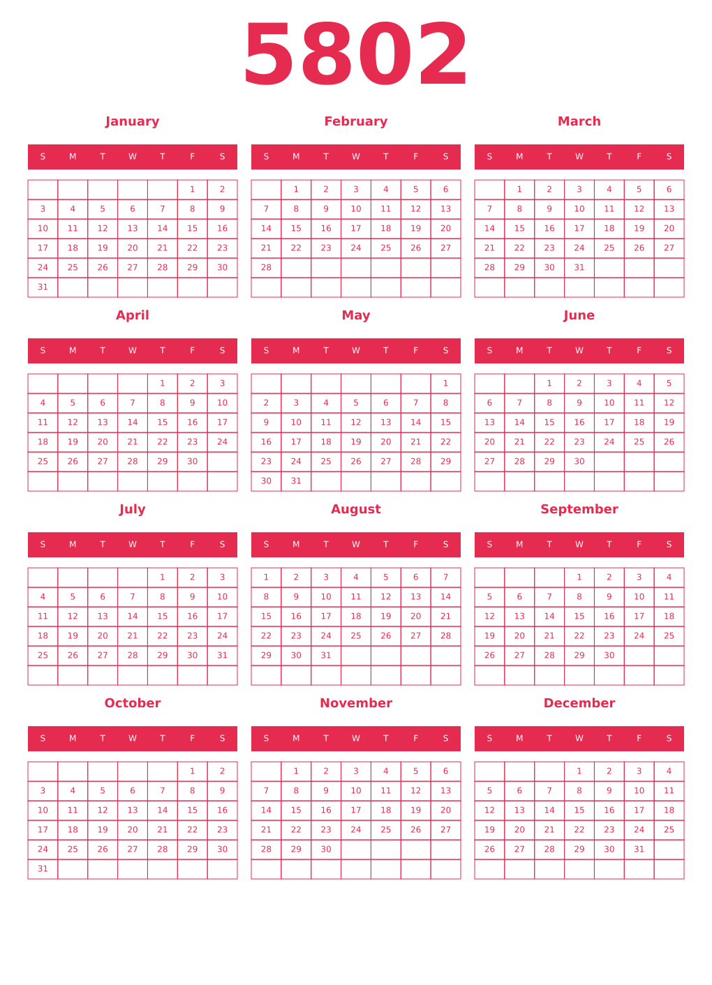 Printable 5802 Year Calendars amaranth