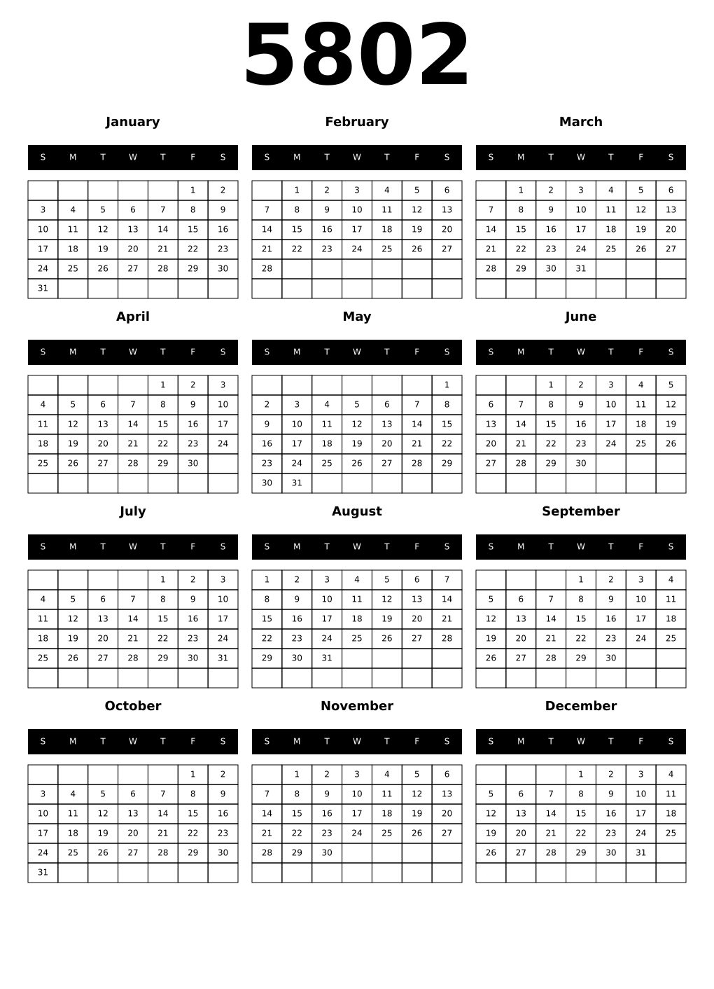Printable 5802 Year Calendars black