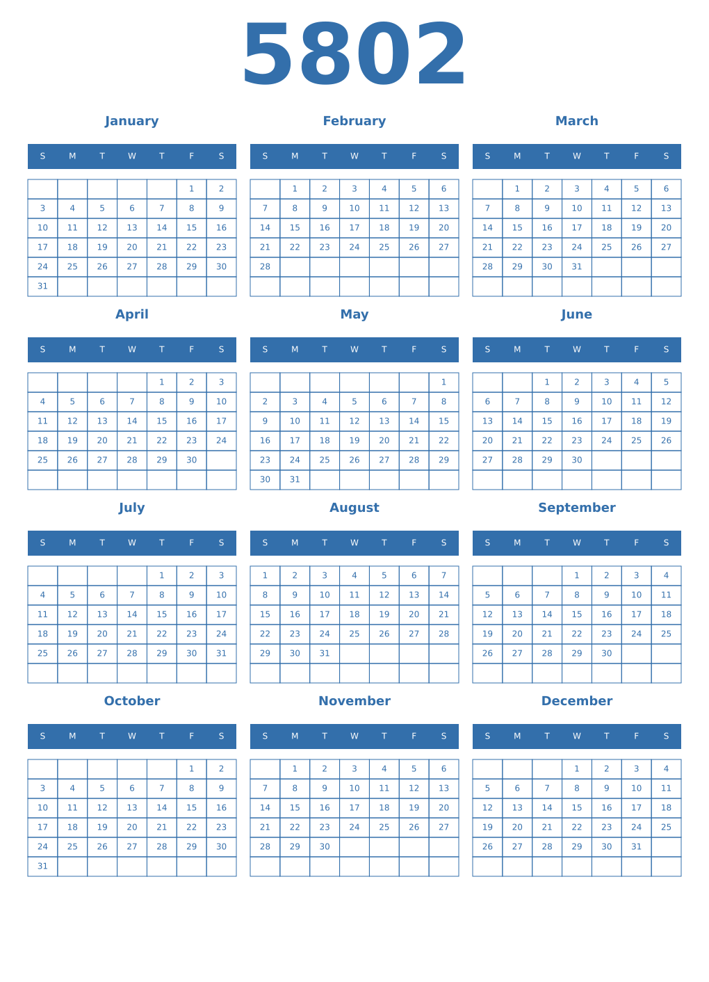 Printable 5802 Year Calendars blue