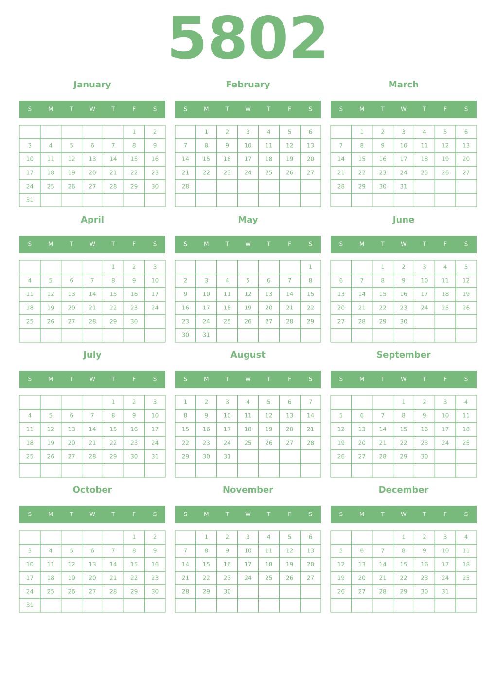 Printable 5802 Year Calendars celadon