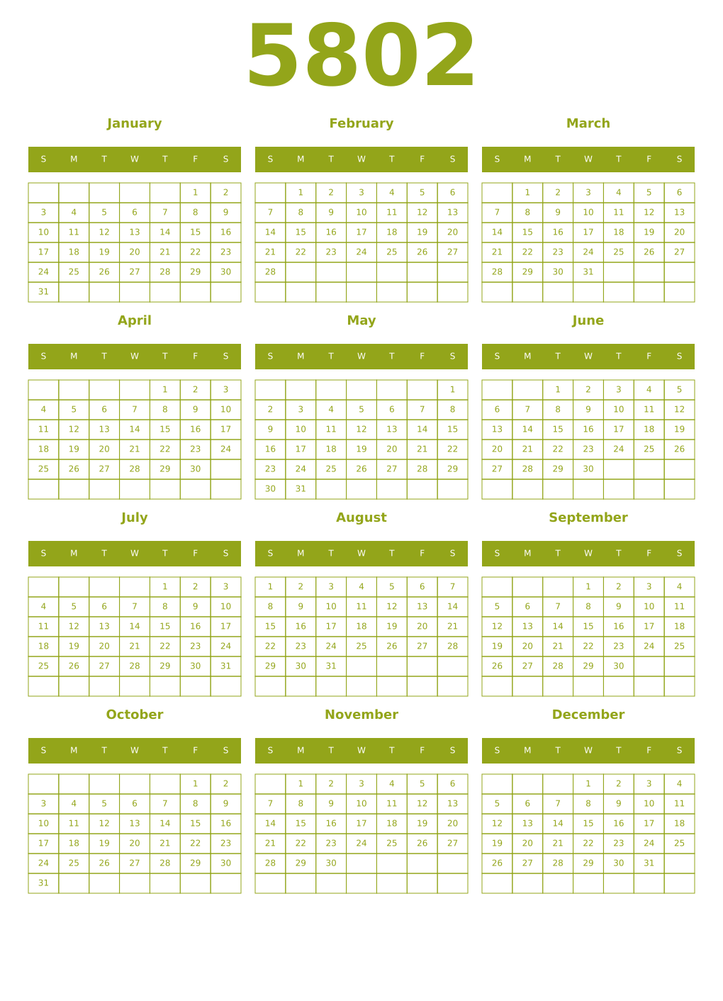 Printable 5802 Year Calendars chartreuse