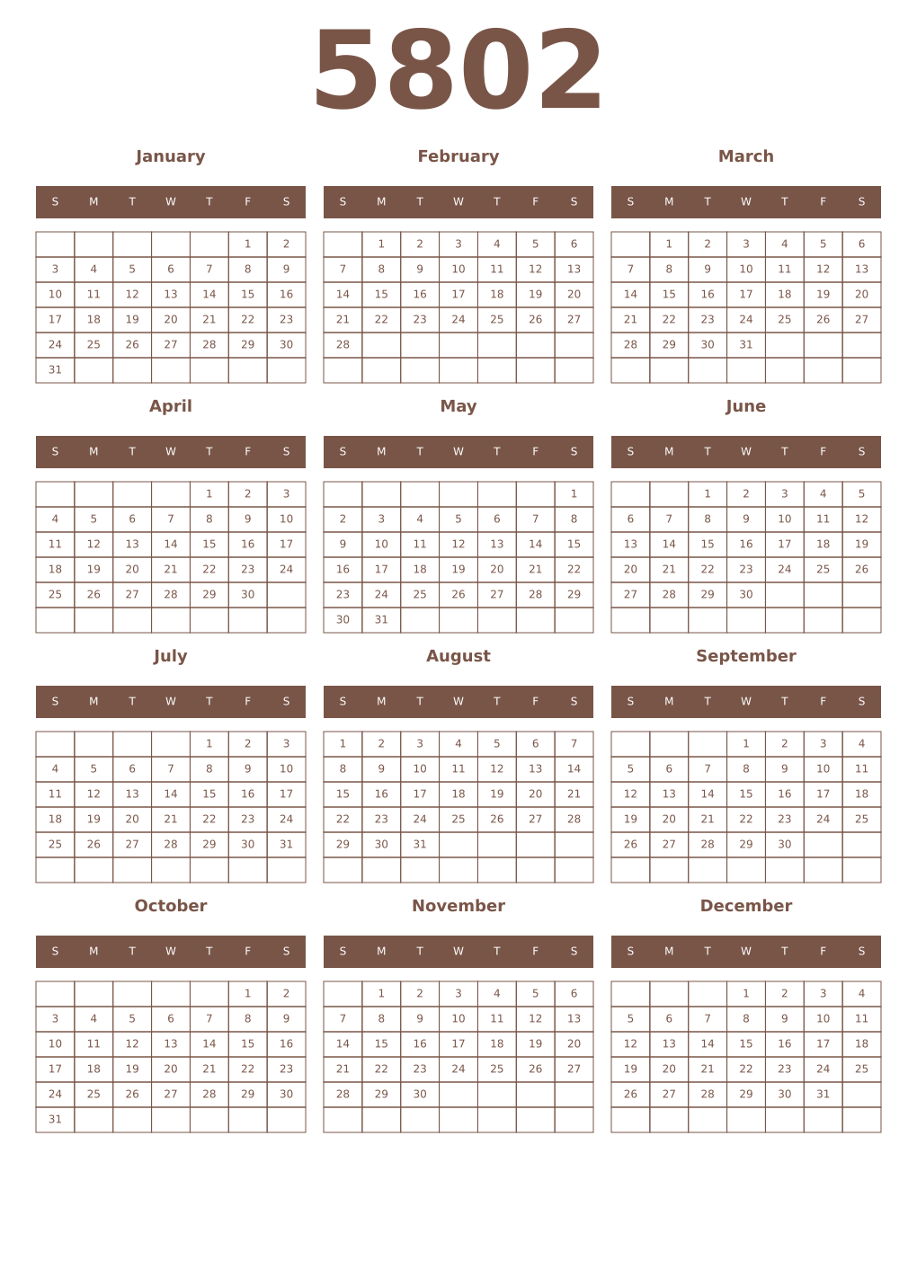 Printable 5802 Year Calendars coffe