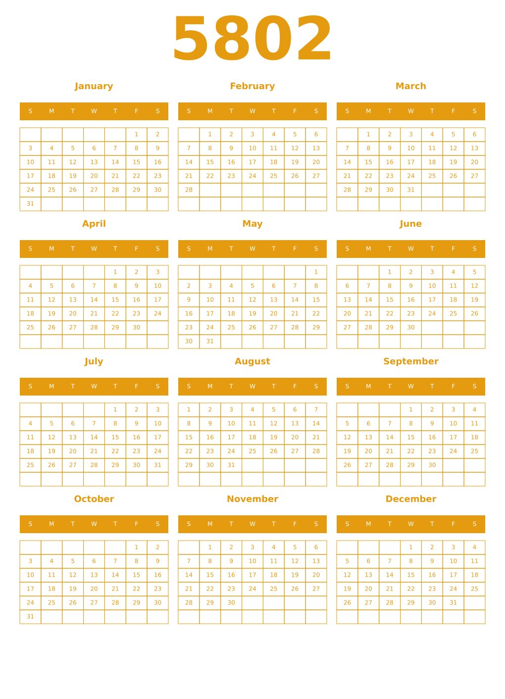 Printable 5802 Year Calendars gamboge