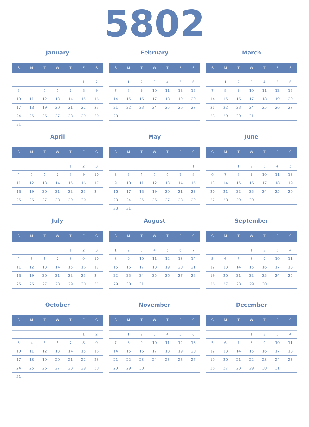 Printable 5802 Year Calendars glaucous