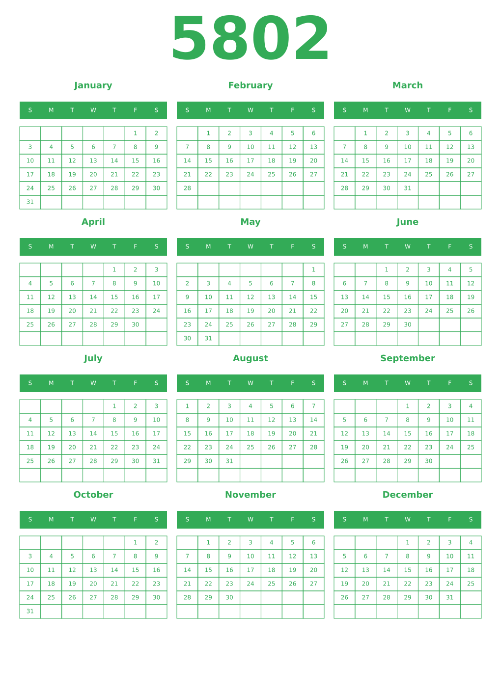 Printable 5802 Year Calendars green